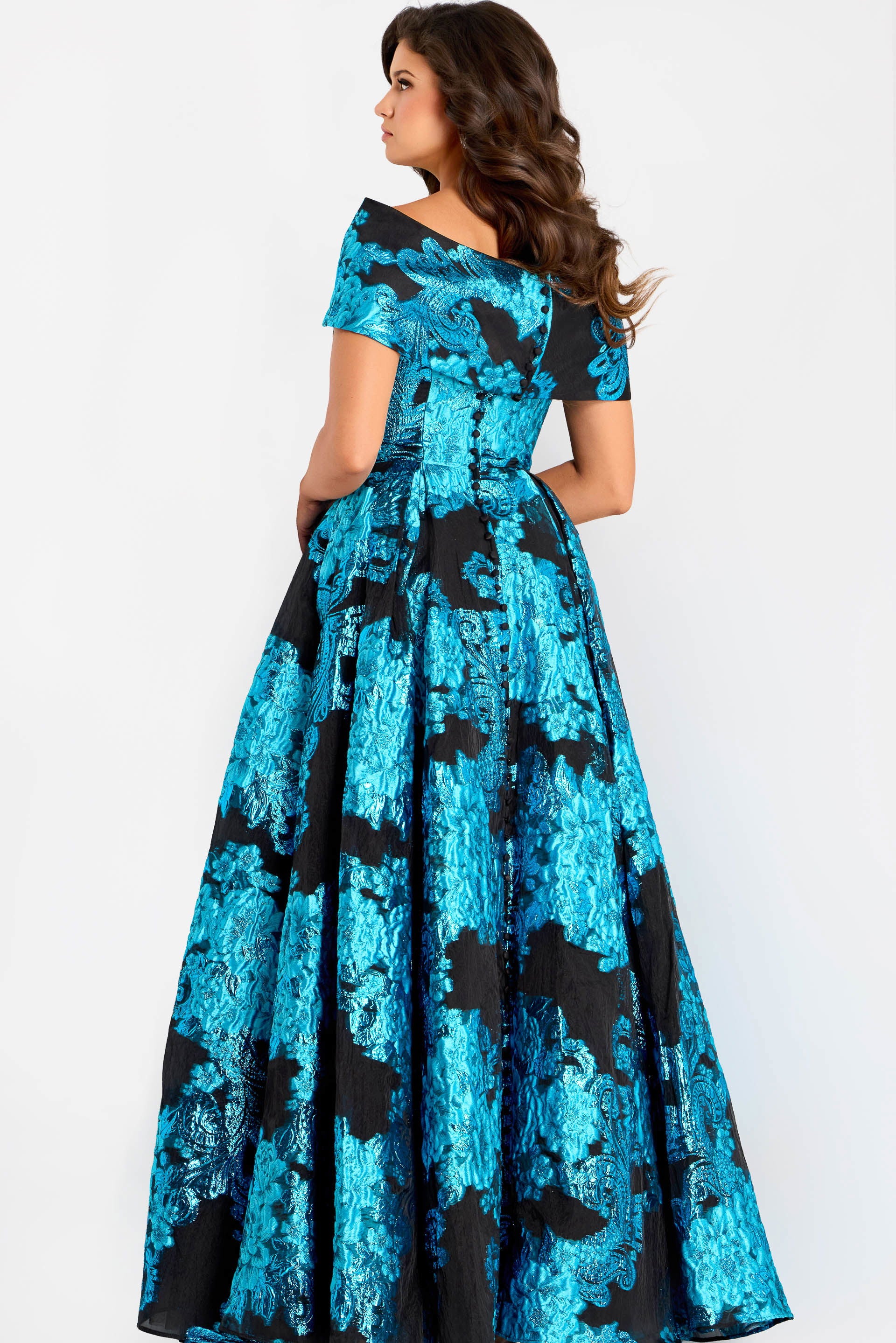 Formal Dresses Long Formal Metallic A Line Dress Jovani 47630 Peacock/Black