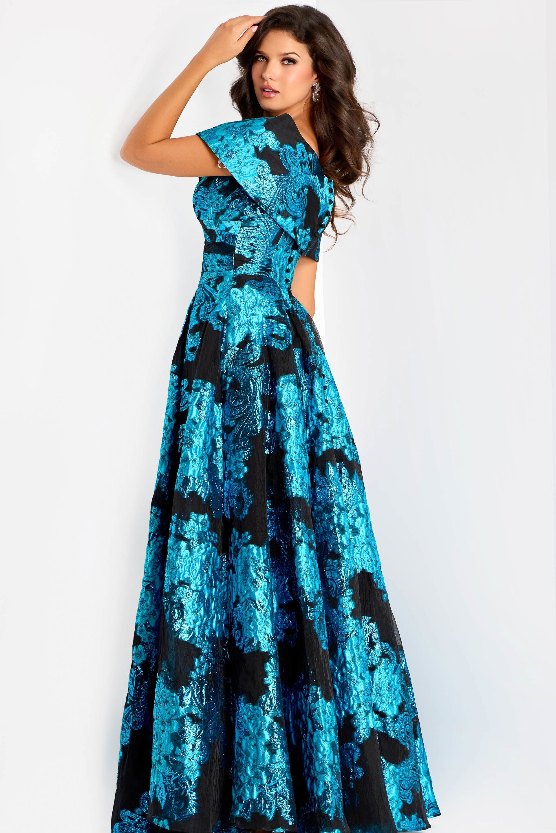 Formal Dresses Long Formal Metallic A Line Dress Jovani 47630 Peacock/Black
