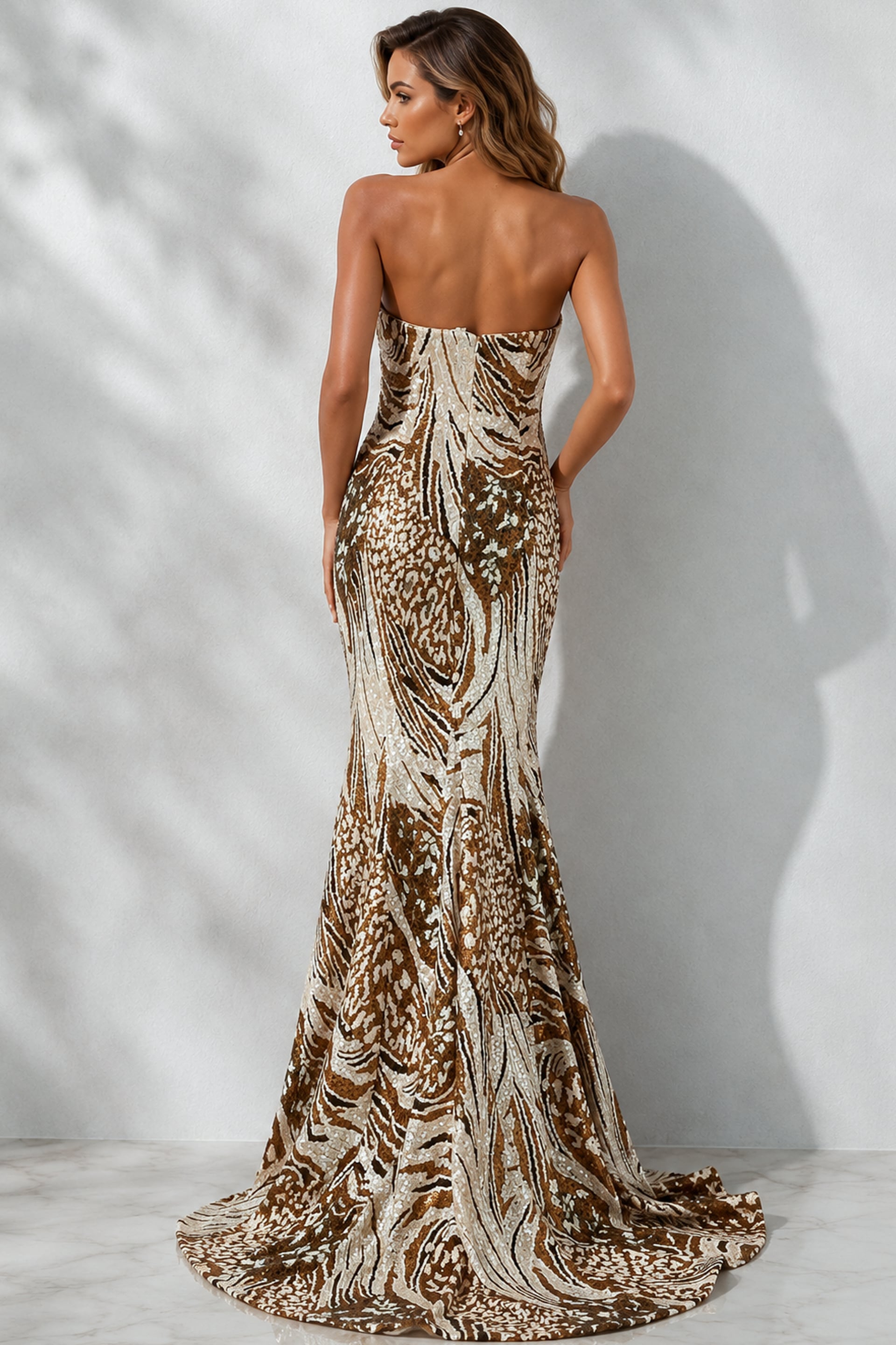 Beige/Brown One-Shoulder Floor-Length Sequin Prom Dress High Slit Mermaid Gown Jovani 47647
