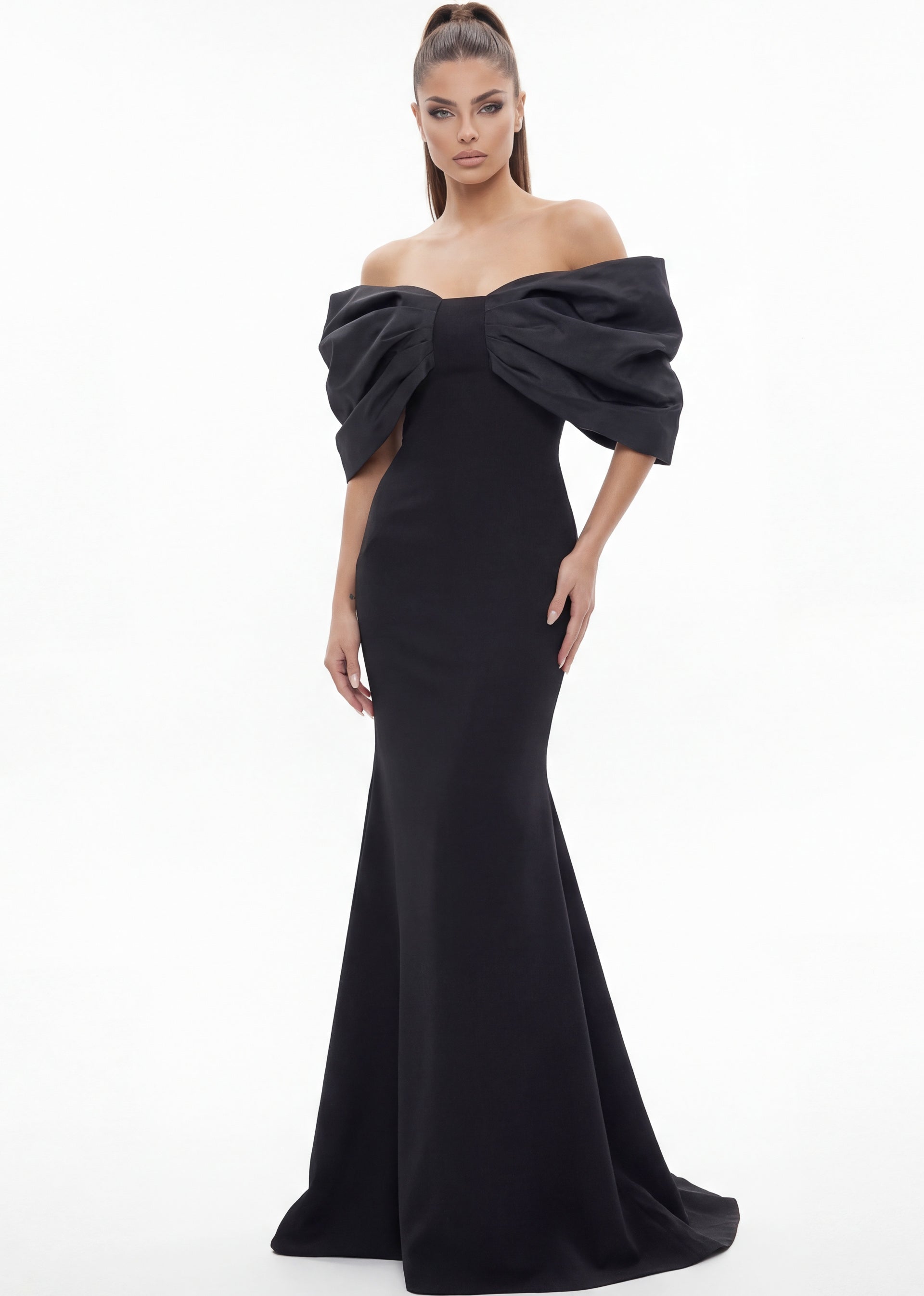 Black Off-the-Shoulder Floor-Length Stretch Crepe Prom Dress with Draped Folded Bodice Jovani 47657
