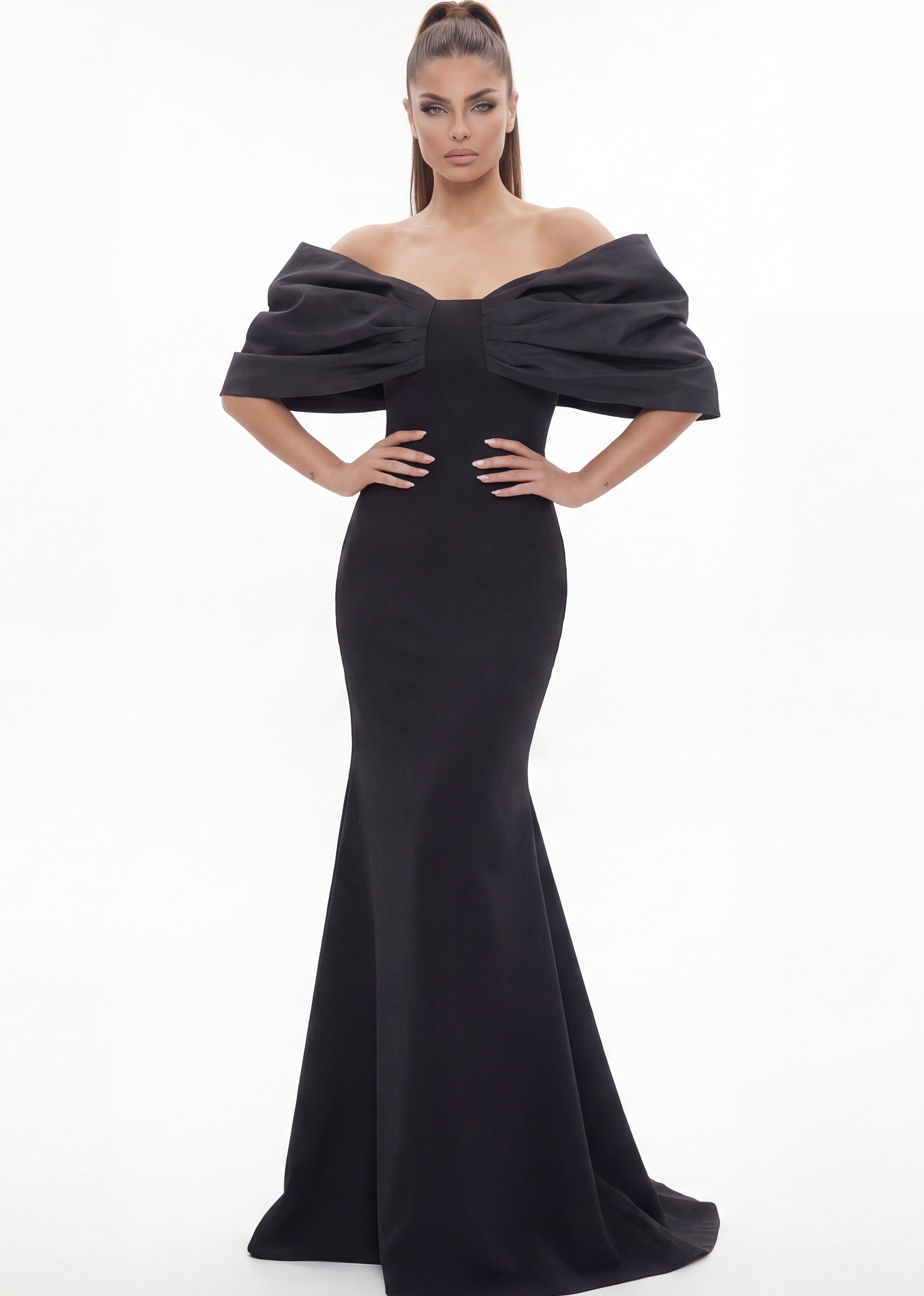 Black Off-the-Shoulder Floor-Length Stretch Crepe Prom Dress with Draped Folded Bodice Jovani 47657