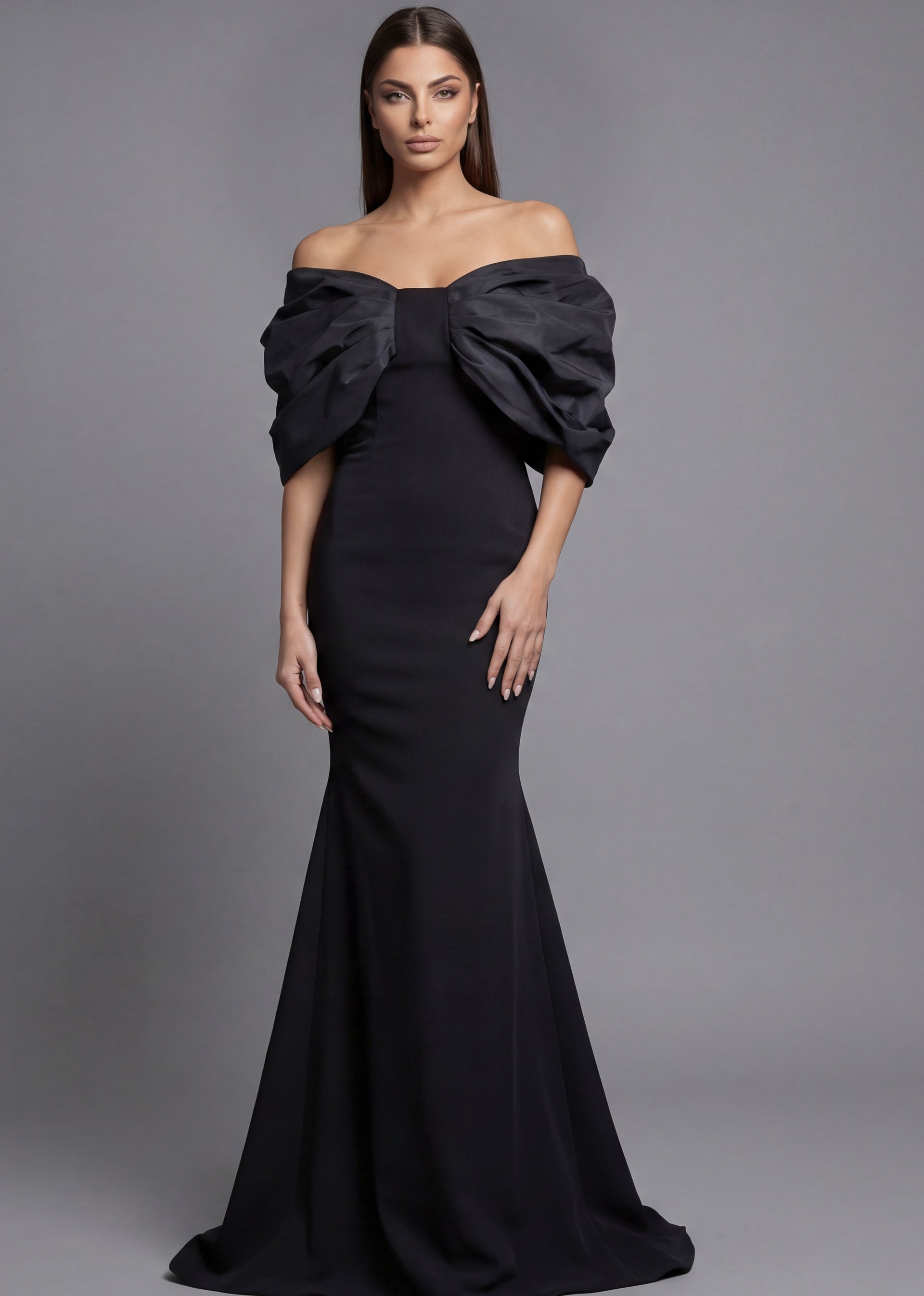 Black Off-the-Shoulder Floor-Length Stretch Crepe Prom Dress with Draped Folded Bodice Jovani 47657