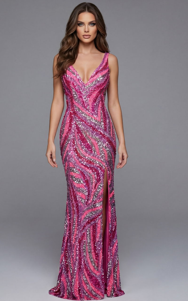 Prom Dresses Long Formal Beaded Glitter Evening Prom Dress Neon Pink/Multi