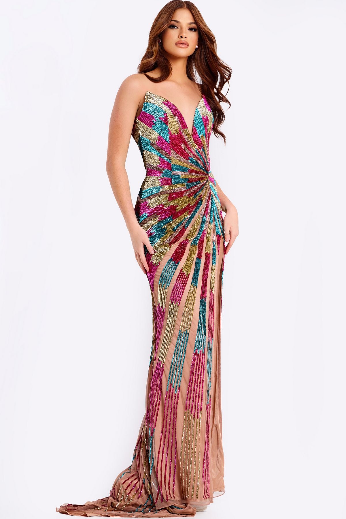 Prom Dresses Sequin Fitted Prom Long Formal Dress Nude/Multi