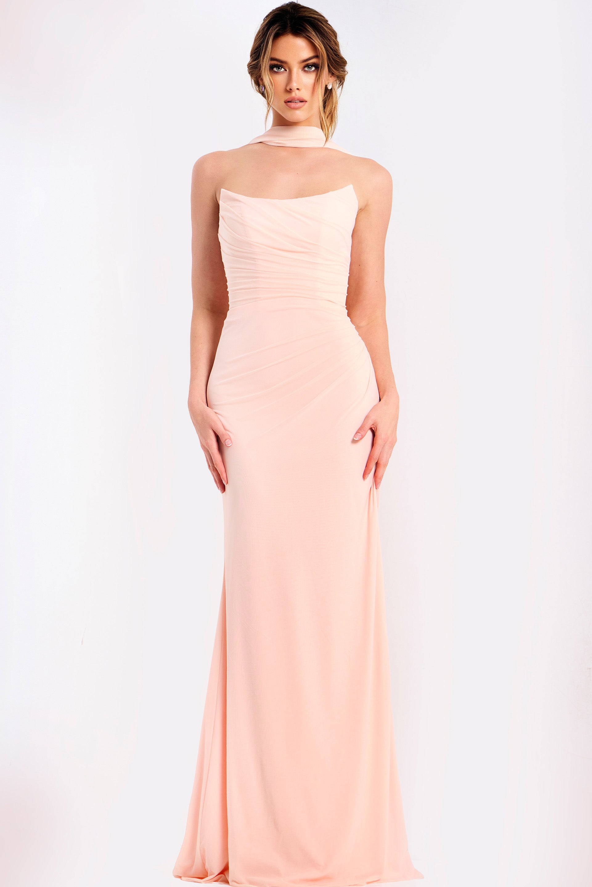 Blush Strapless Floor-Length Chiffon Prom Dress with Ruched Bodice and Scarf Jovani 47874
