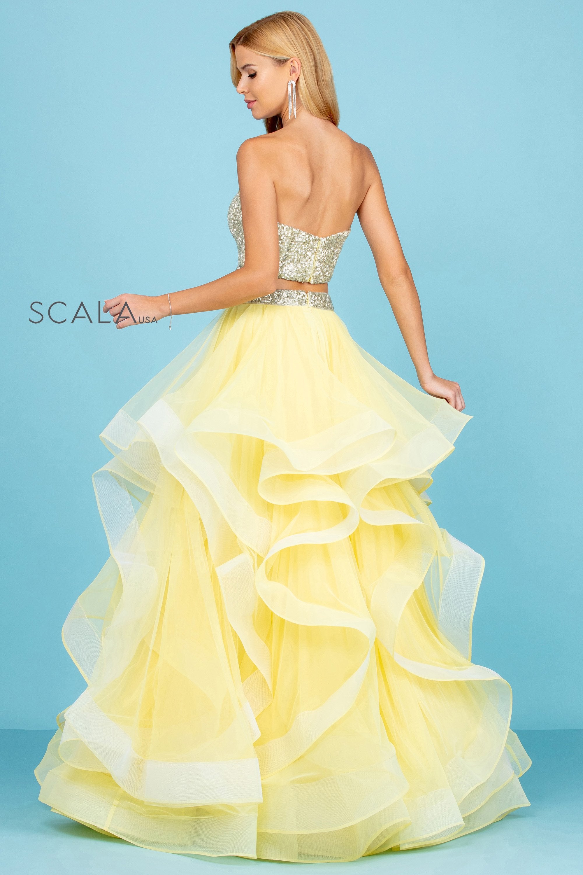 Prom Dresses Long Ball Gown Two Piece Formal Beaded Ruffle Prom Dress Banana/Silver