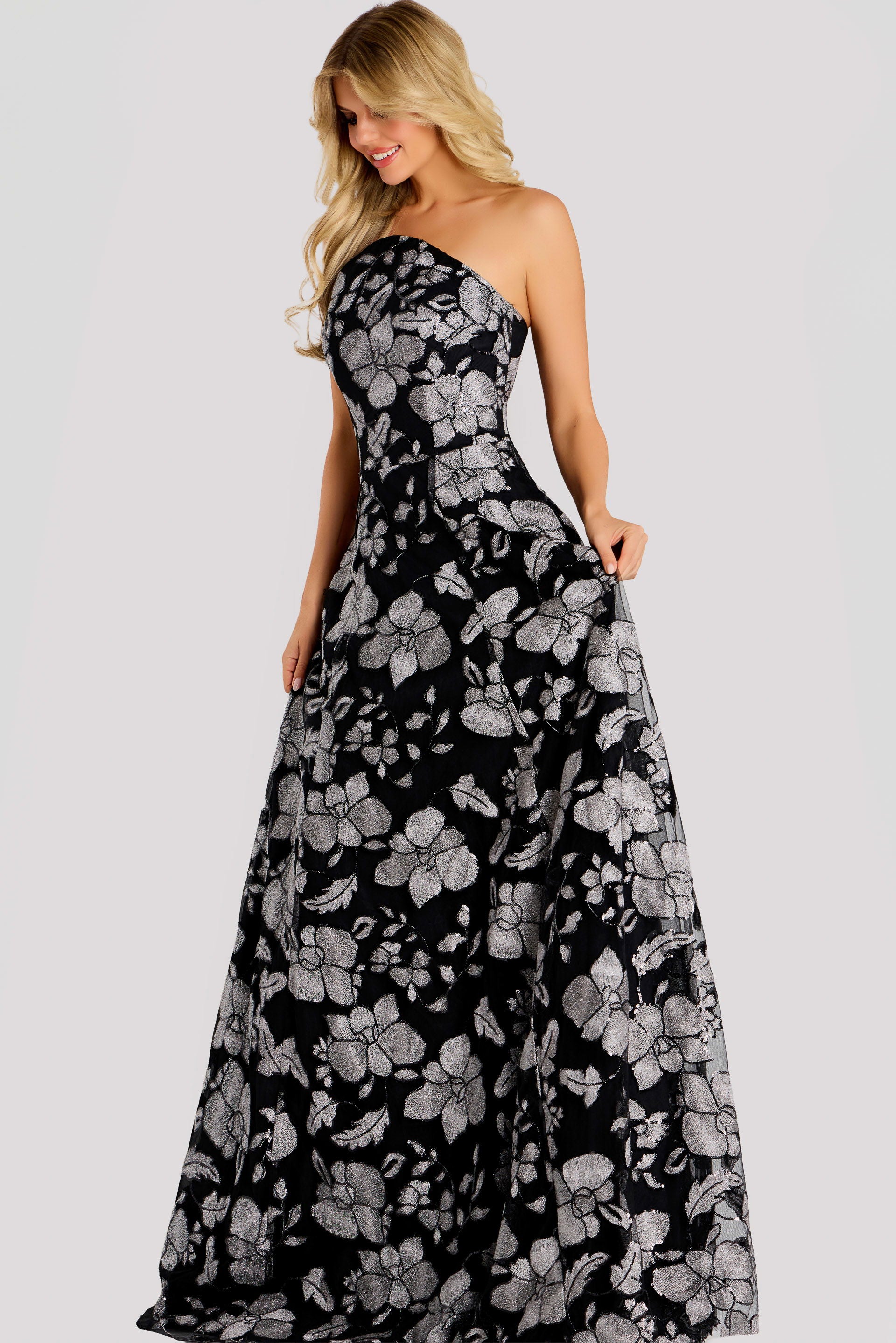 Prom Dresses A Line Long Formal Metallic Floral Prom Dress Jovani 48175 Black/Silver