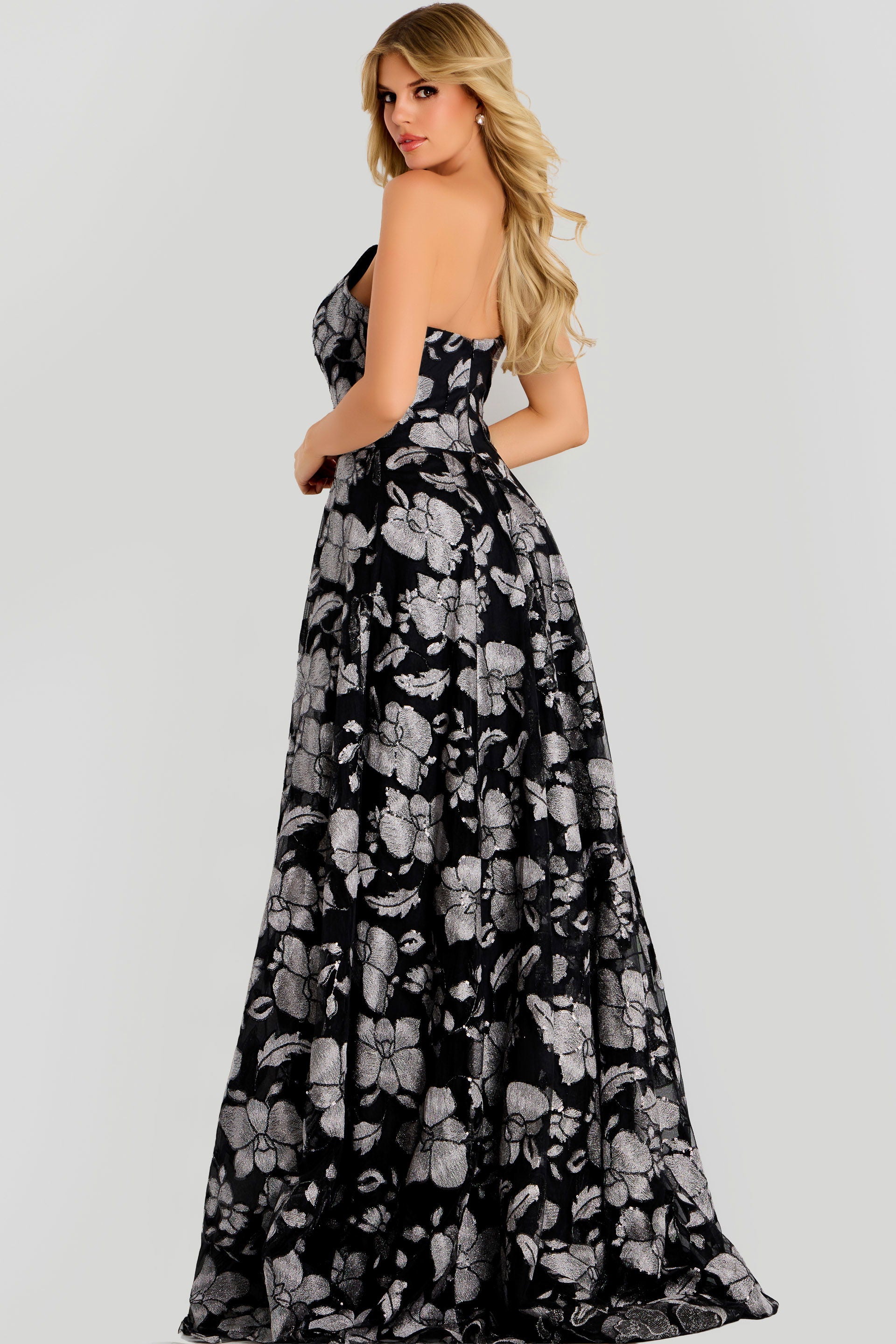Prom Dresses A Line Long Formal Metallic Floral Prom Dress Jovani 48175 Black/Silver