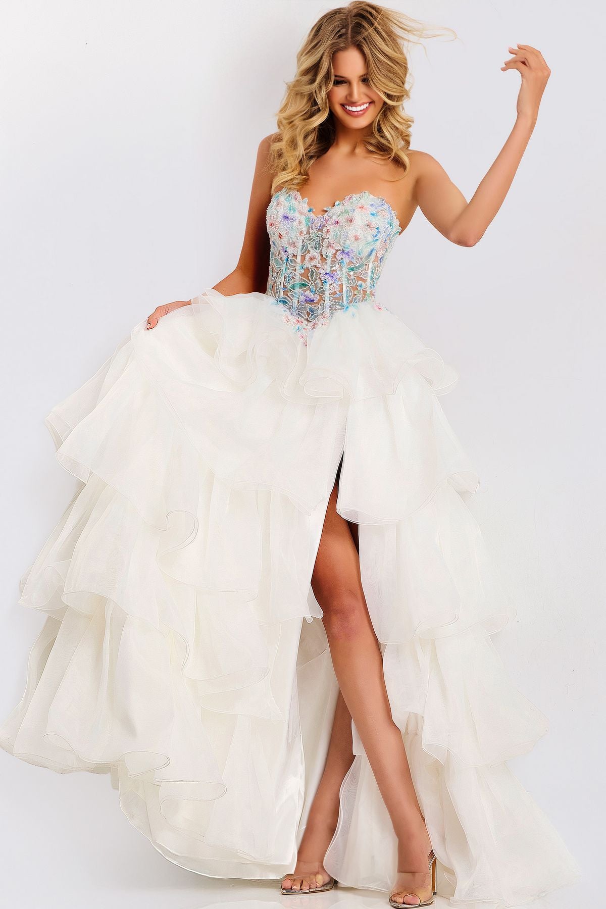 Prom Dresses Floral Long Formal Ruffle Corset Beaded Prom Dress Off White/Multi