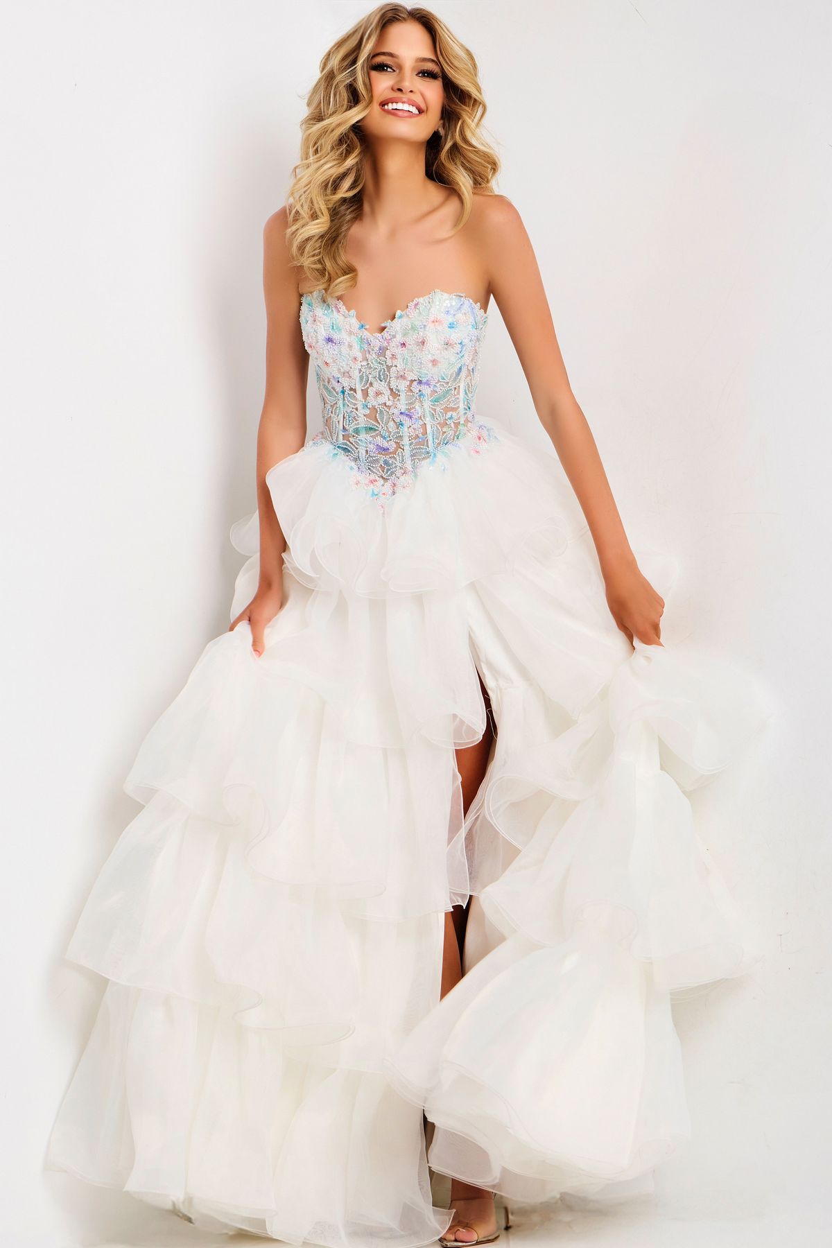 Prom Dresses Floral Long Formal Ruffle Corset Beaded Prom Dress Off White/Multi