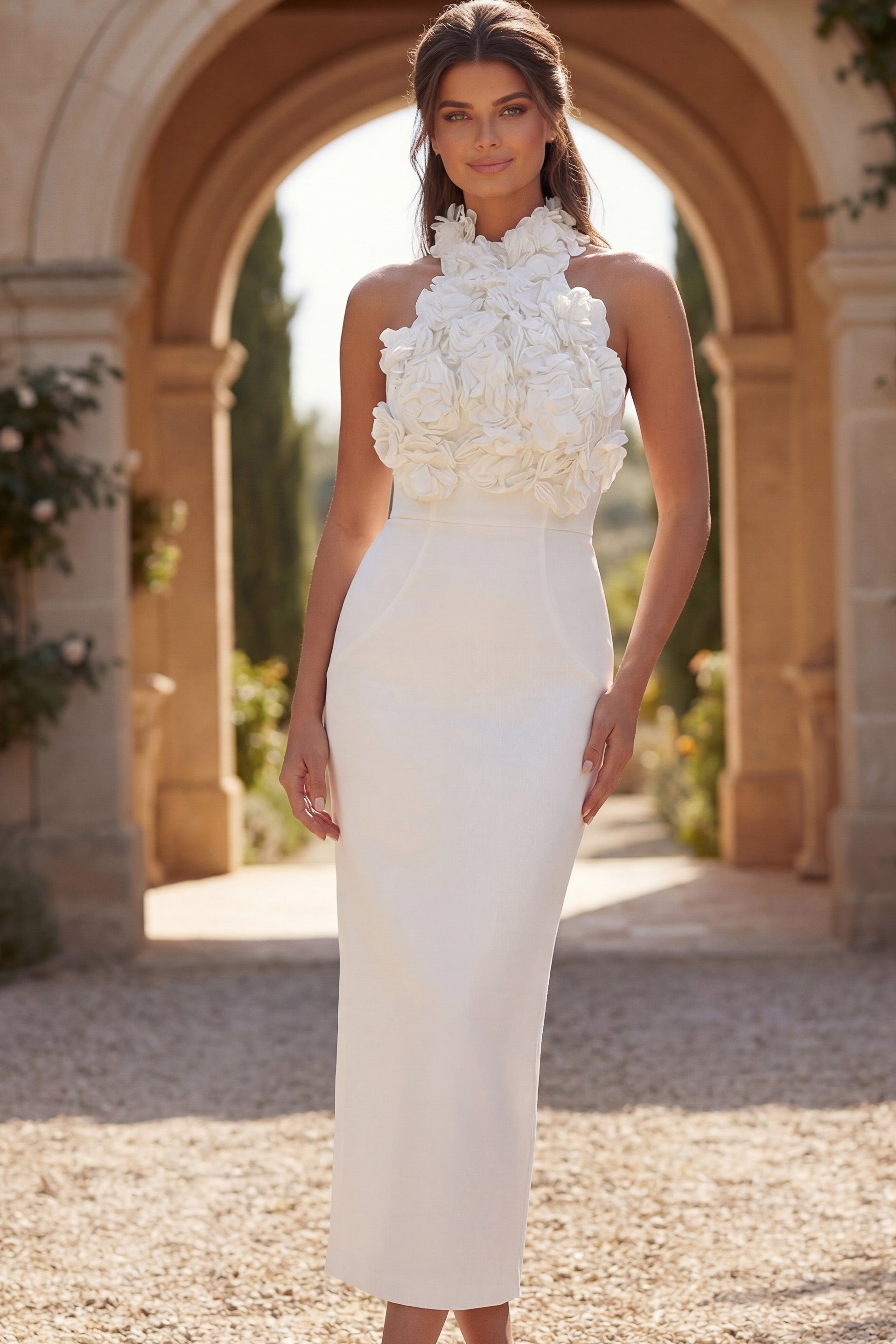 Off White High Halter Floor-Length Crepe Bridal Sculpted Column Gown Jovani 48214