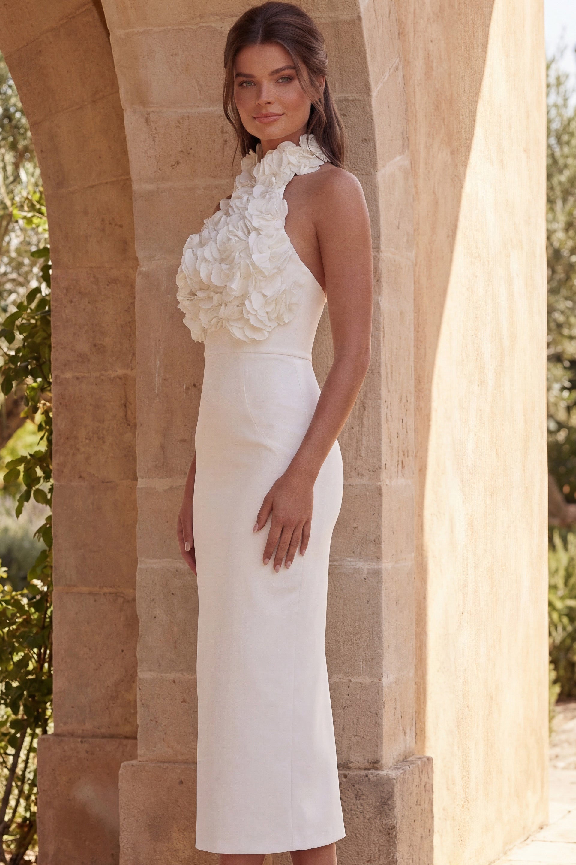 Off White High Halter Floor-Length Crepe Bridal Sculpted Column Gown Jovani 48214