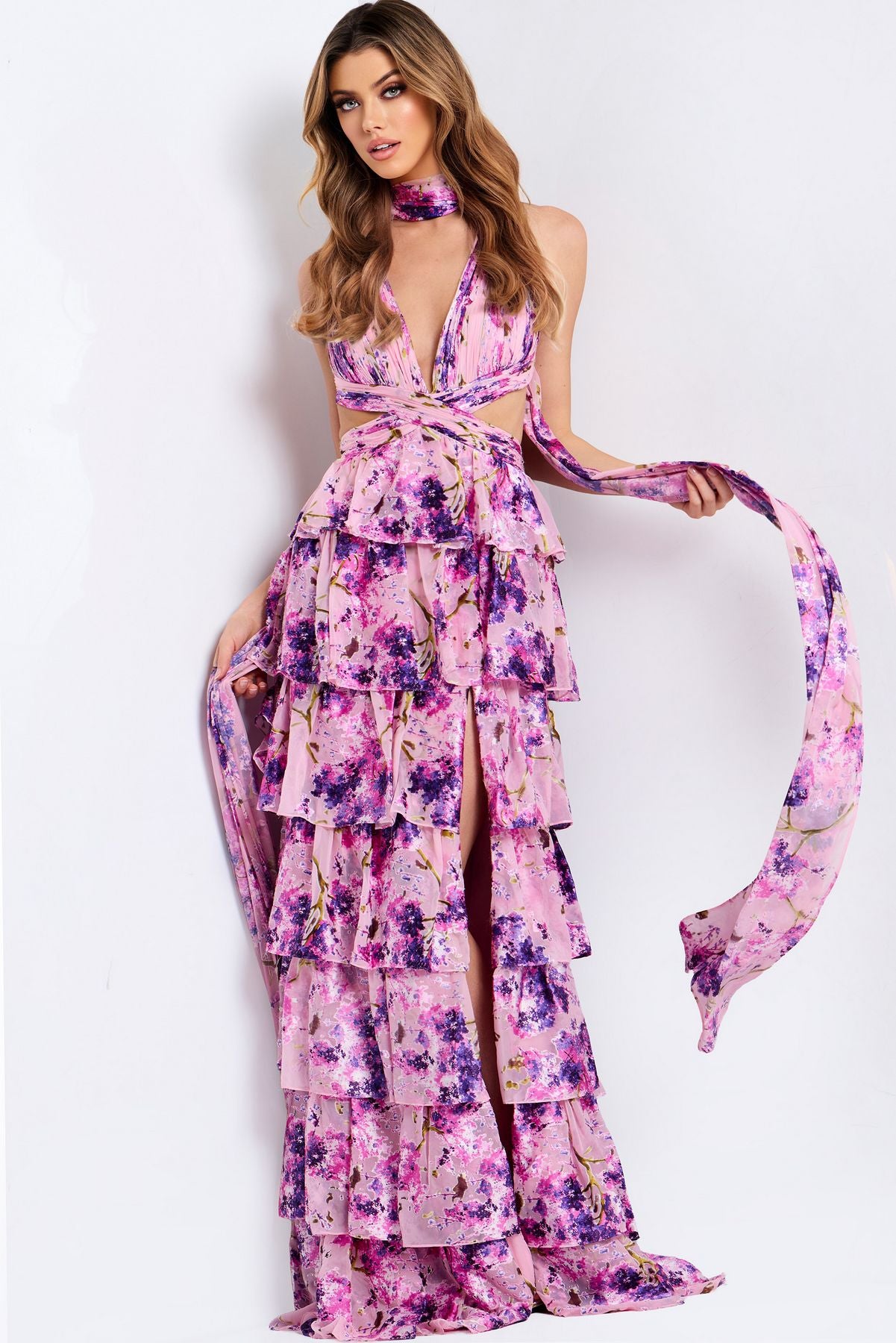 Prom Dresses Floral Ruffle Long Formal Prom Dress Pink