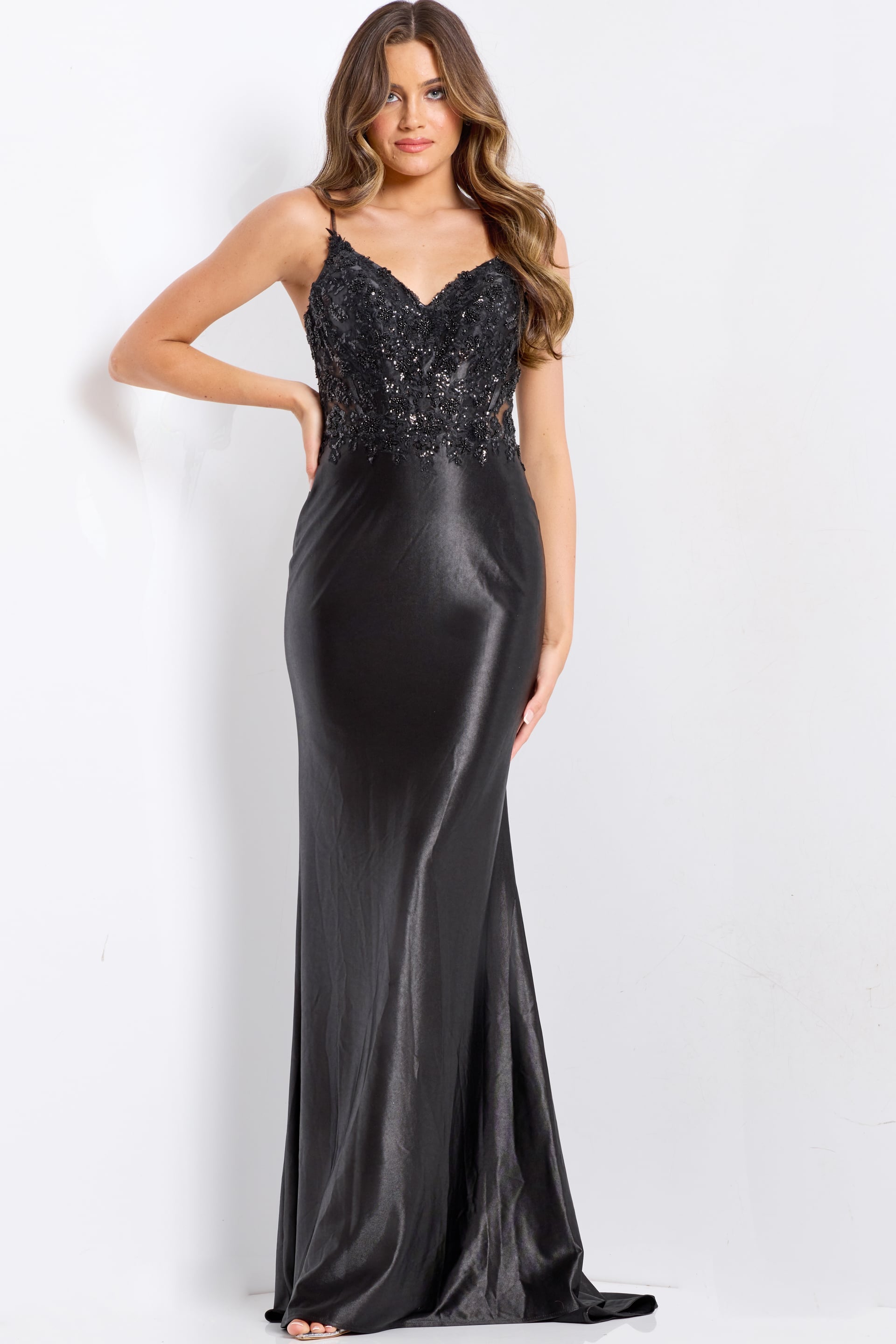 Black V-Neck Floor-Length Sequin Prom Gown with Side Slit Formal Dress Jovani 48312