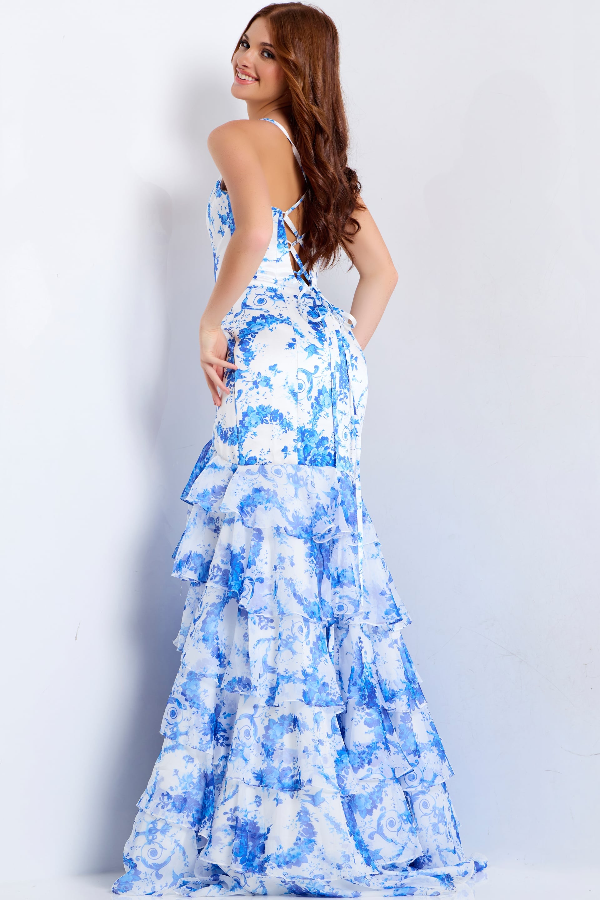 Royal/Print V Neck Floor Length Satin Prom Dress with High Slit Jovani 48331