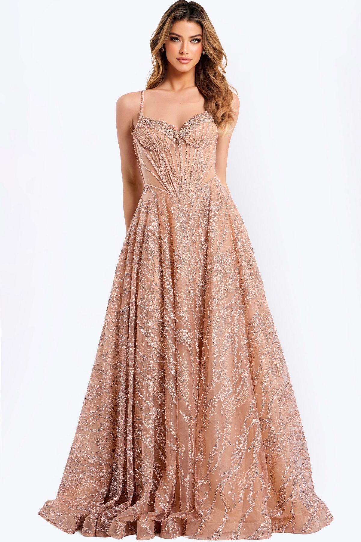 Prom Dresses Long Beaded Formal Corset Prom Dress Silver/Nude