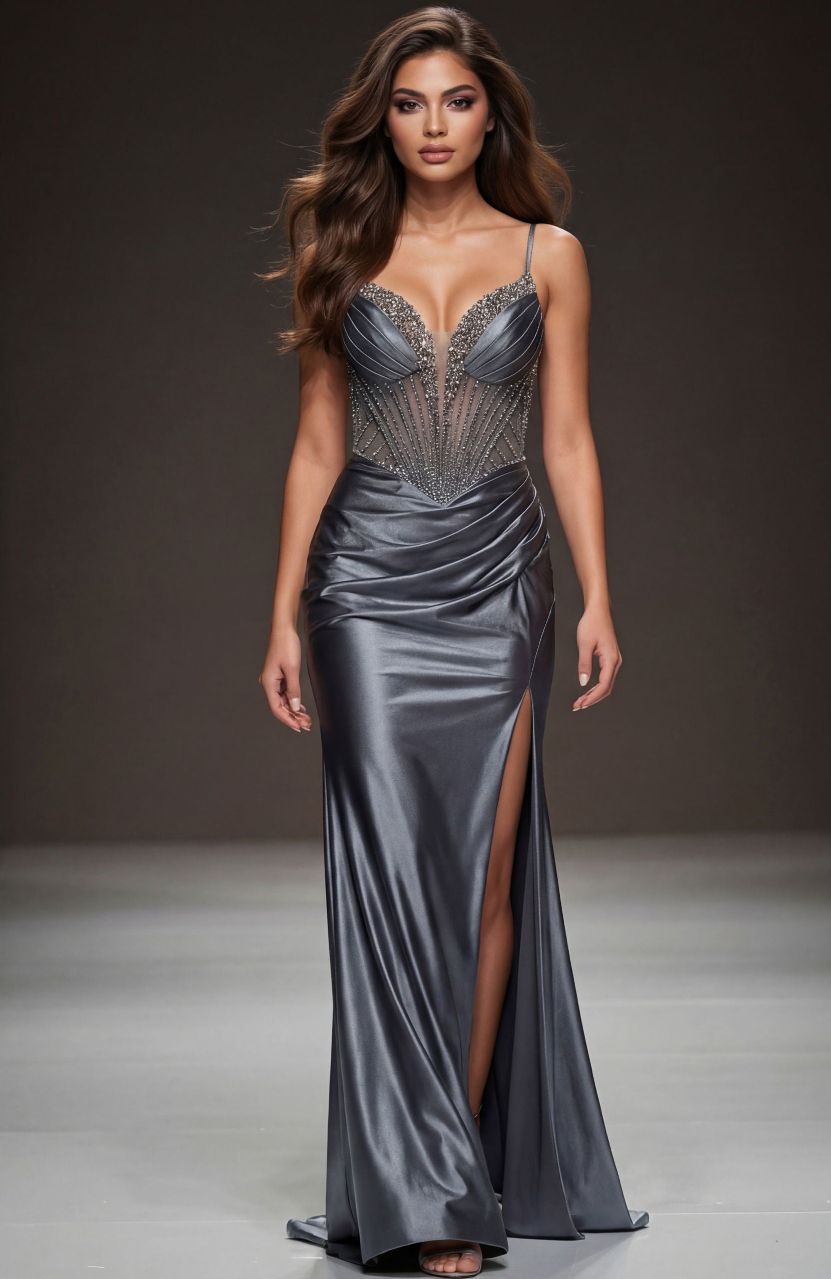 Prom Dresses Formal Long Beaded Corset Prom Dress Silver