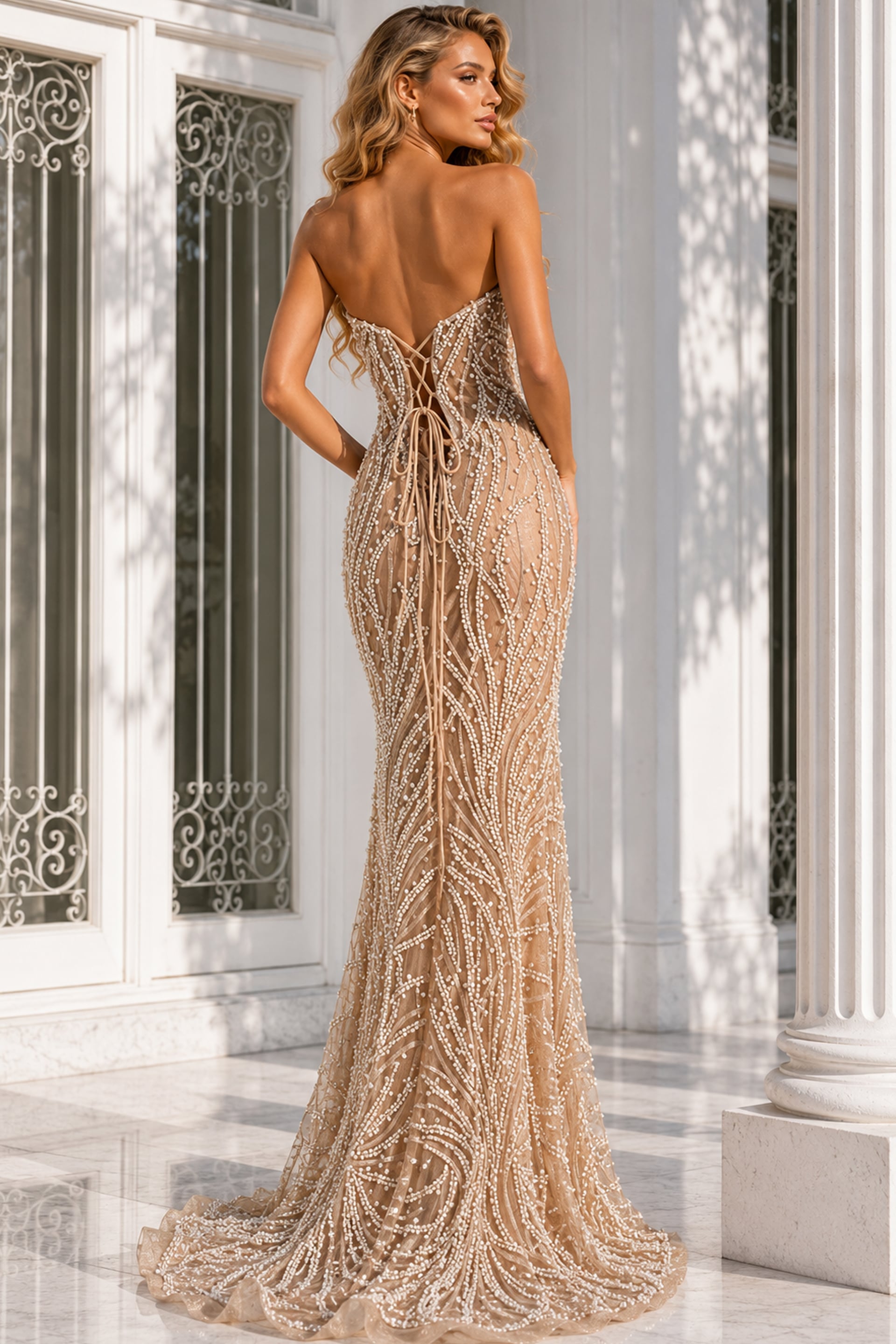 Champagne Sweetheart Floor-Length Beaded Prom Dress High Slit Corset Gown Jovani 48475