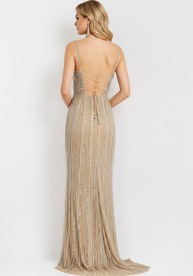 Prom Dresses Applique Long Formal Beaded Prom Dress Nude/Silver