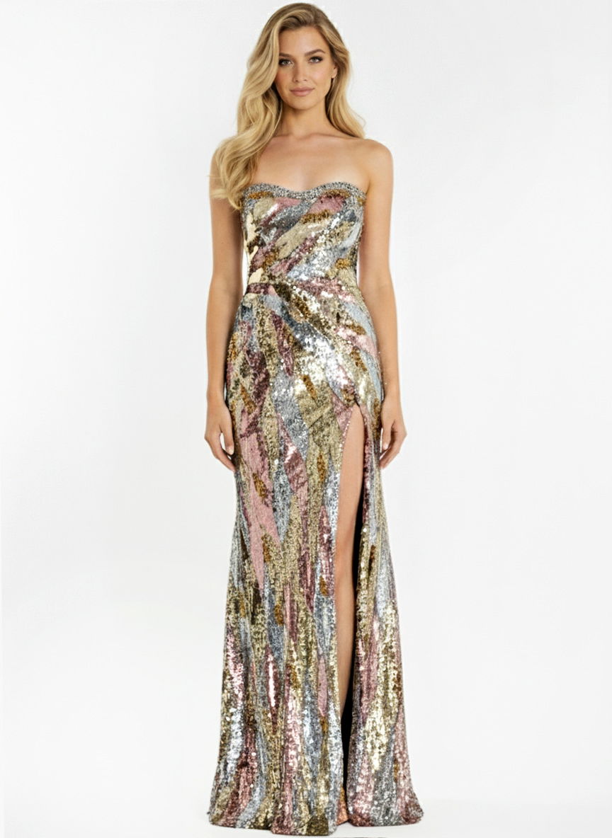 Prom Dresses Fitted Sequin Long Formal Prom Dress Gold Multi
