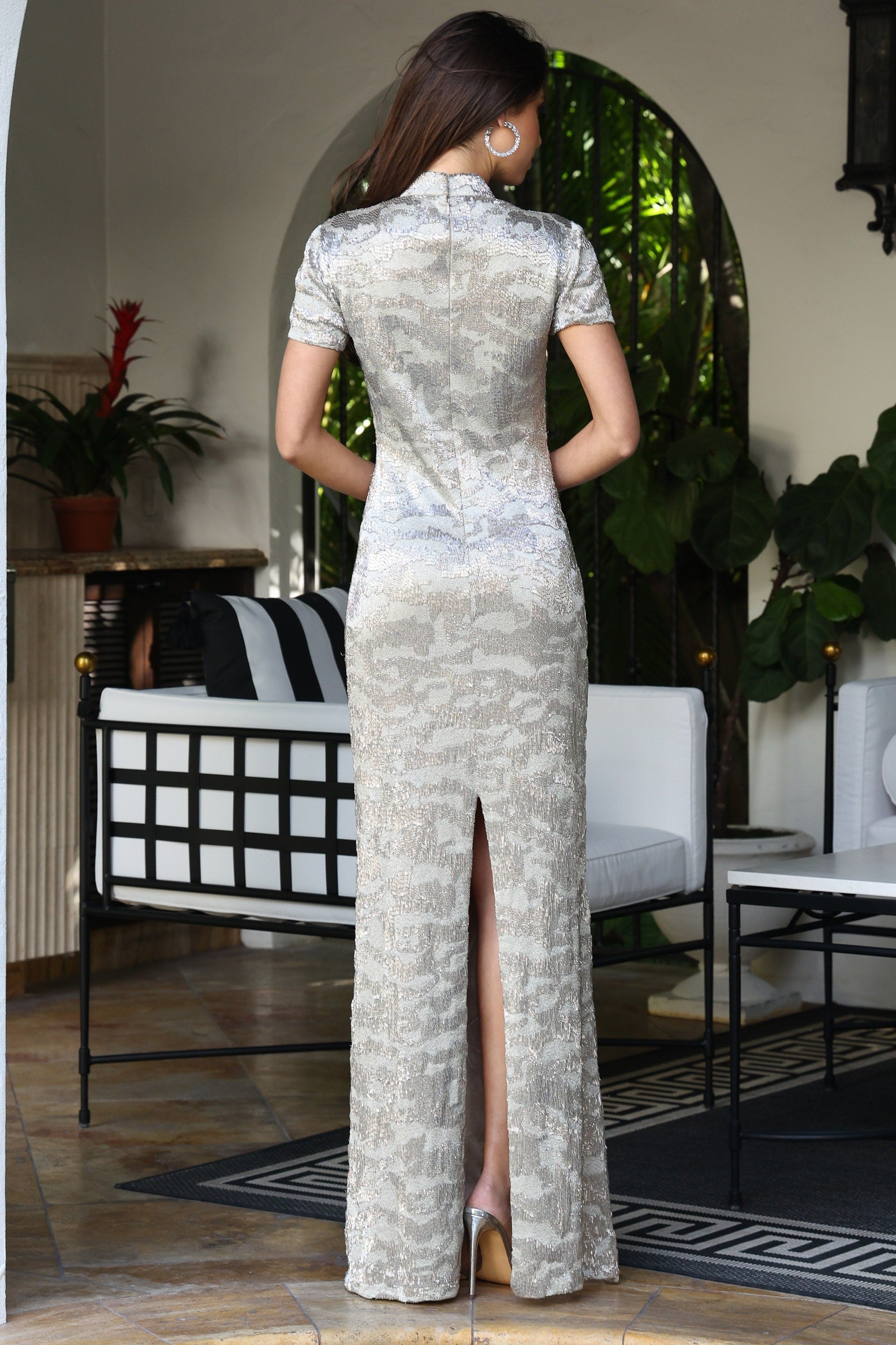 Nude High Neck Floor-Length Sequin Formal Gown with Intricate Lace Pattern Jovani 48595