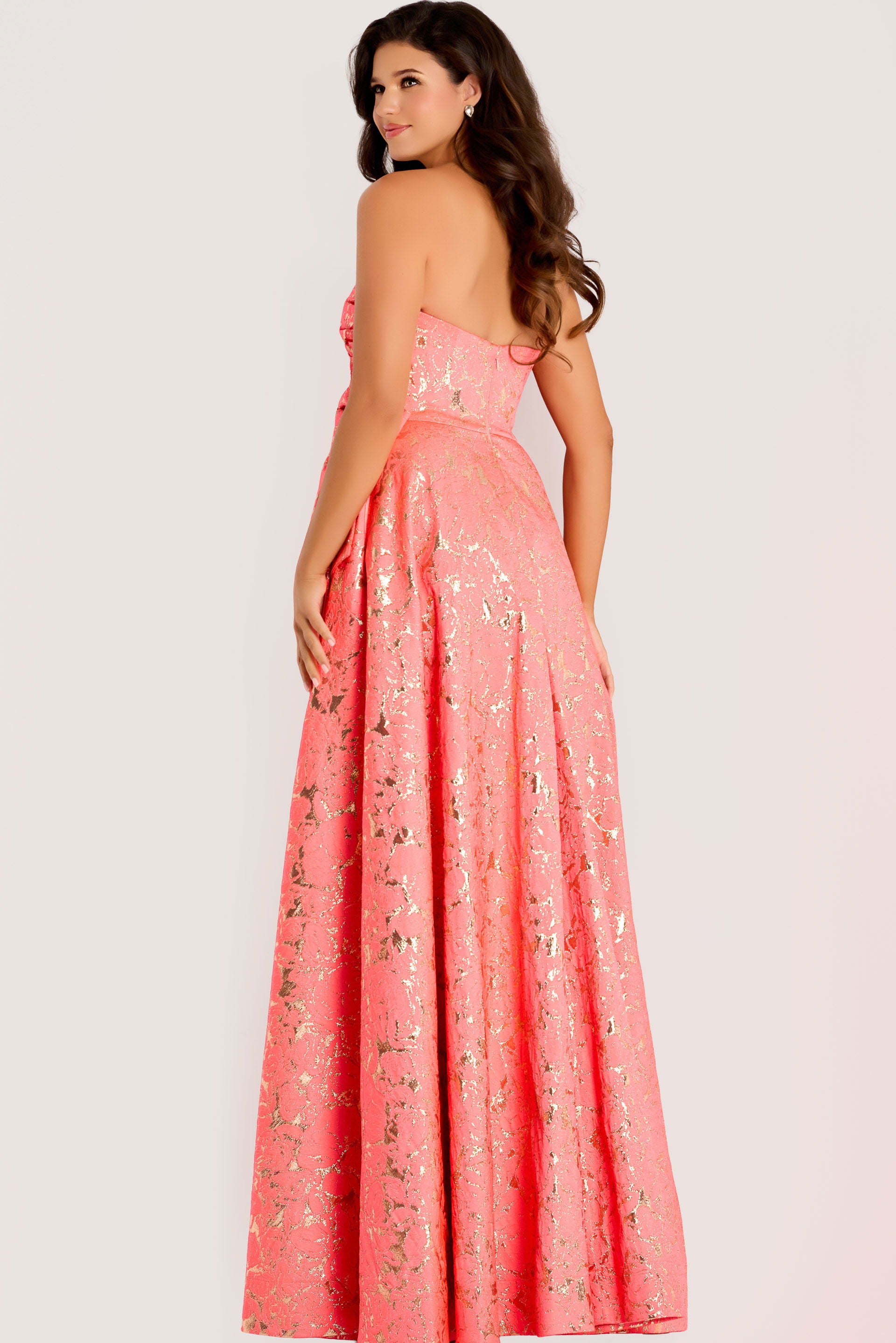 Prom Dresses A Line Long Formal Metallic Pleated Prom Dress Jovani 48657 Coral