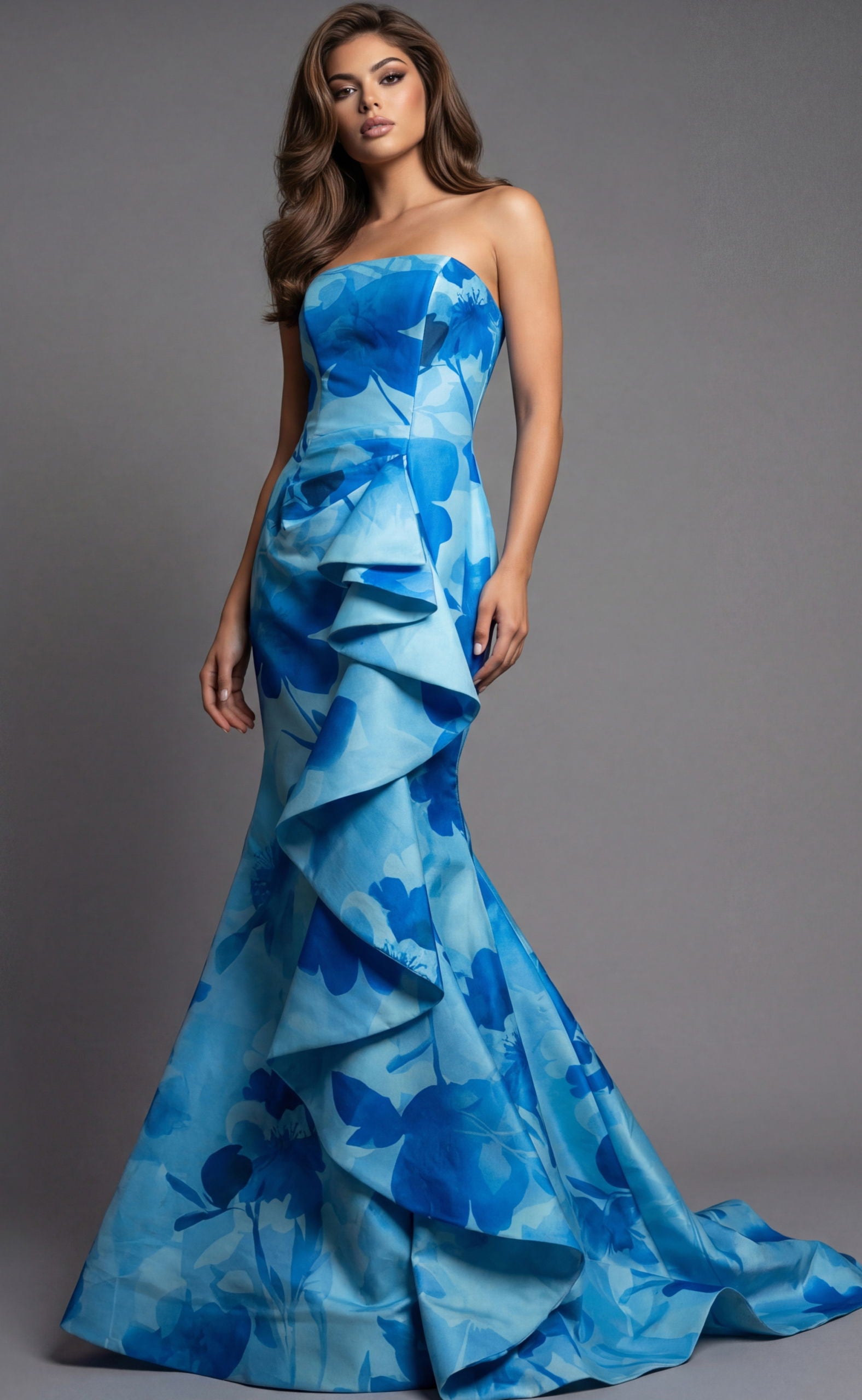 Prom Dresses Long Formal Ruffle Floral Prom Dress Jovani 48705 Blue
