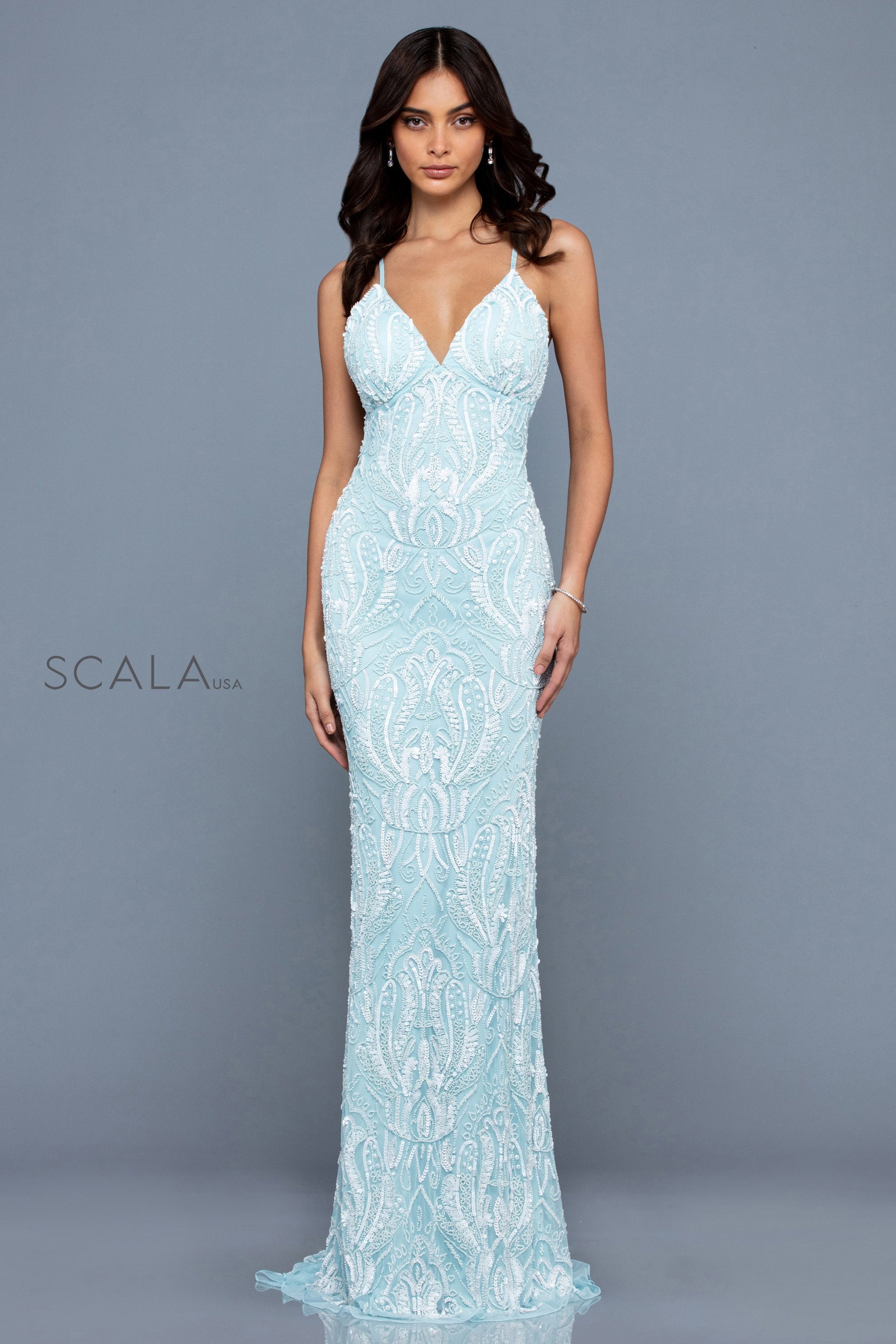 Prom Dresses Long Fitted Formal Prom Beaded Dress Sky/Pearl