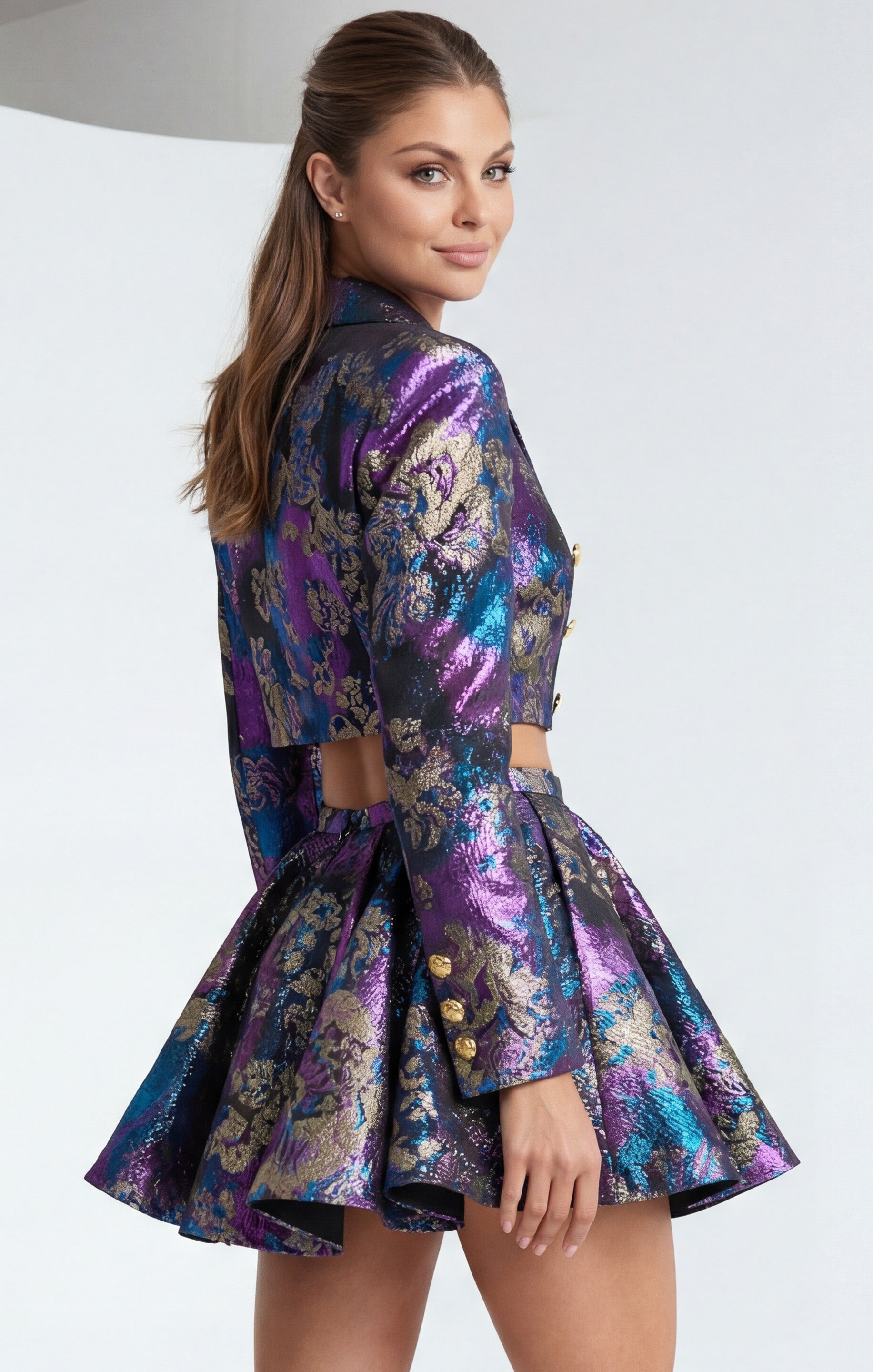 Purple High-Collar Short Metallic Jacquard Party Two-Piece Set with Cropped Jacket Jovani 48723