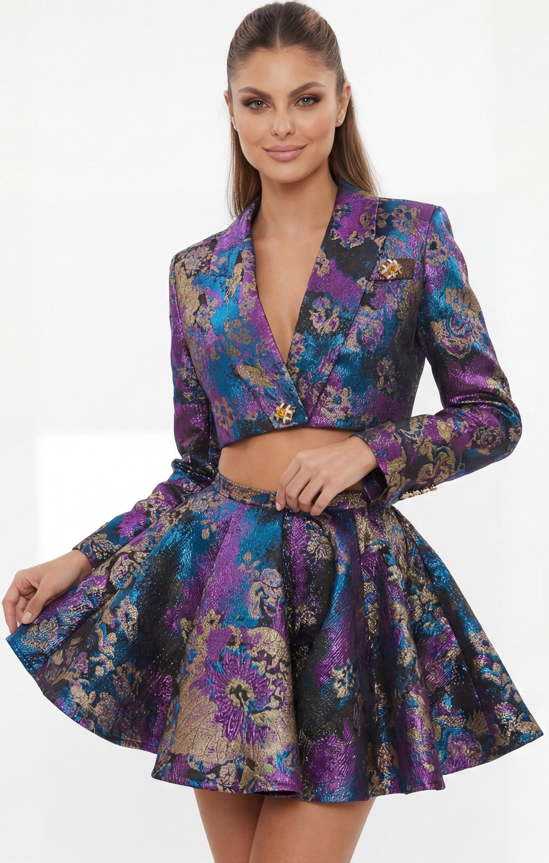Purple High-Collar Short Metallic Jacquard Party Two-Piece Set with Cropped Jacket Jovani 48723