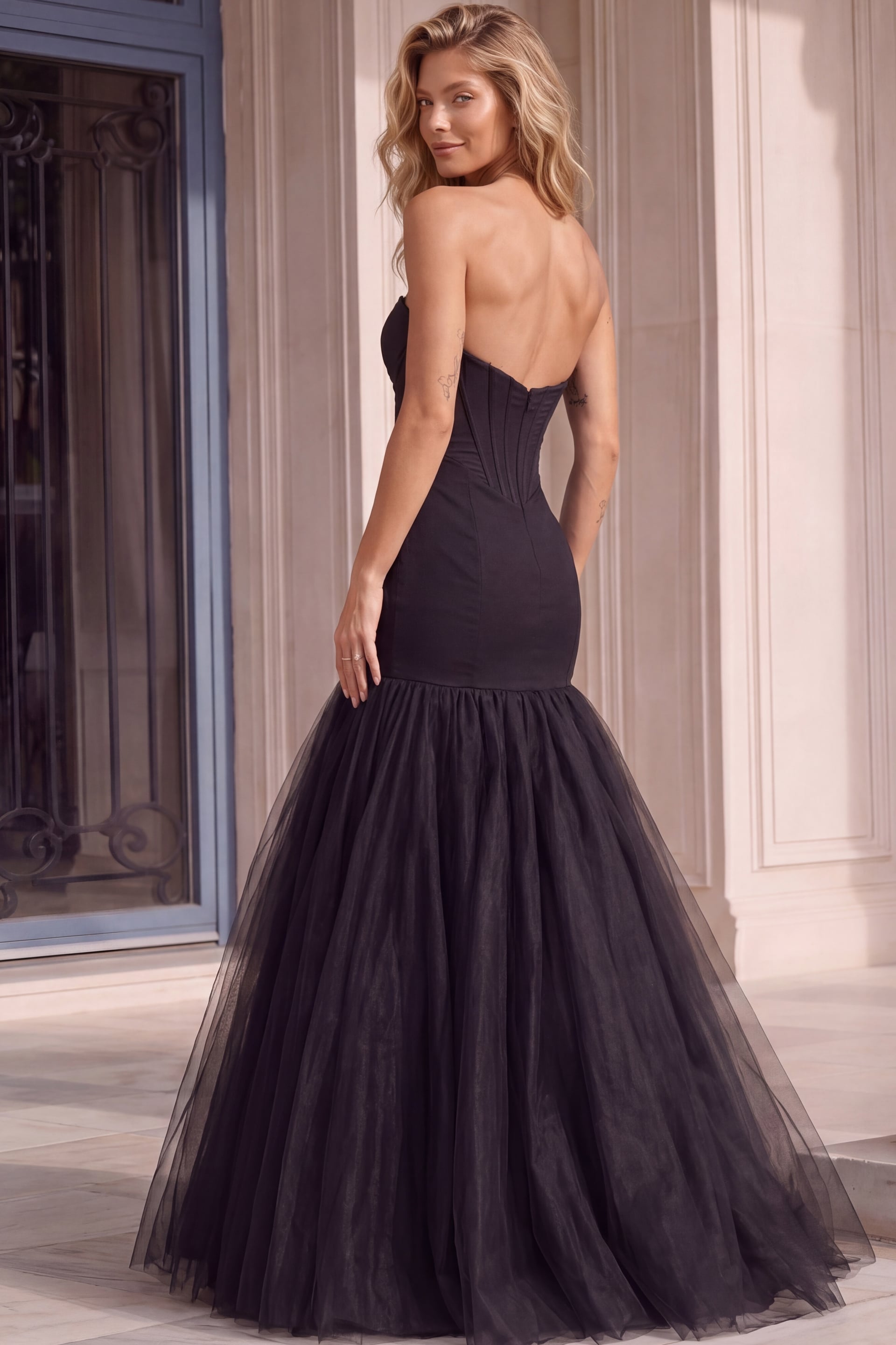 Strapless Curved Neck Floor-Length Tulle Evening Mermaid Jovani 48974