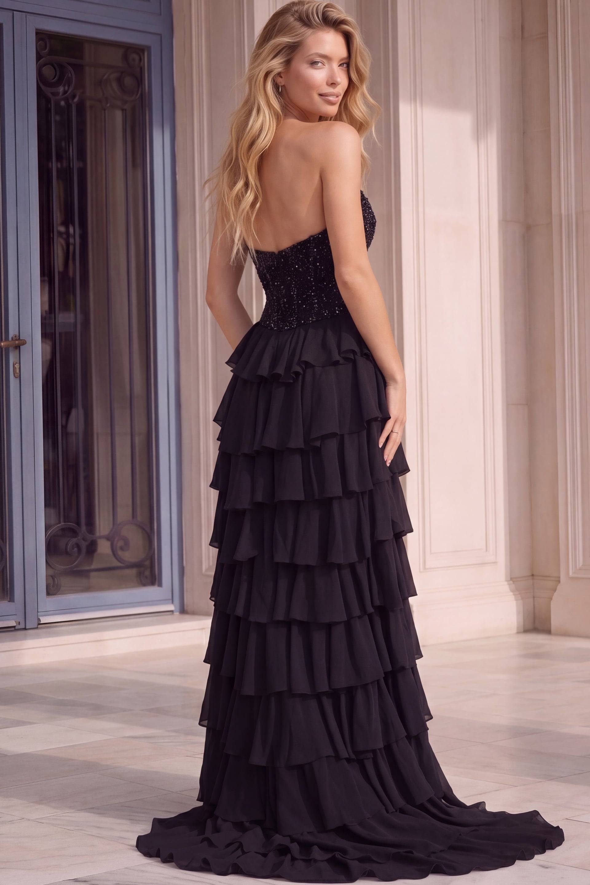 Strapless Curved Neck Floor-Length Chiffon Evening Sheath Jovani 48992