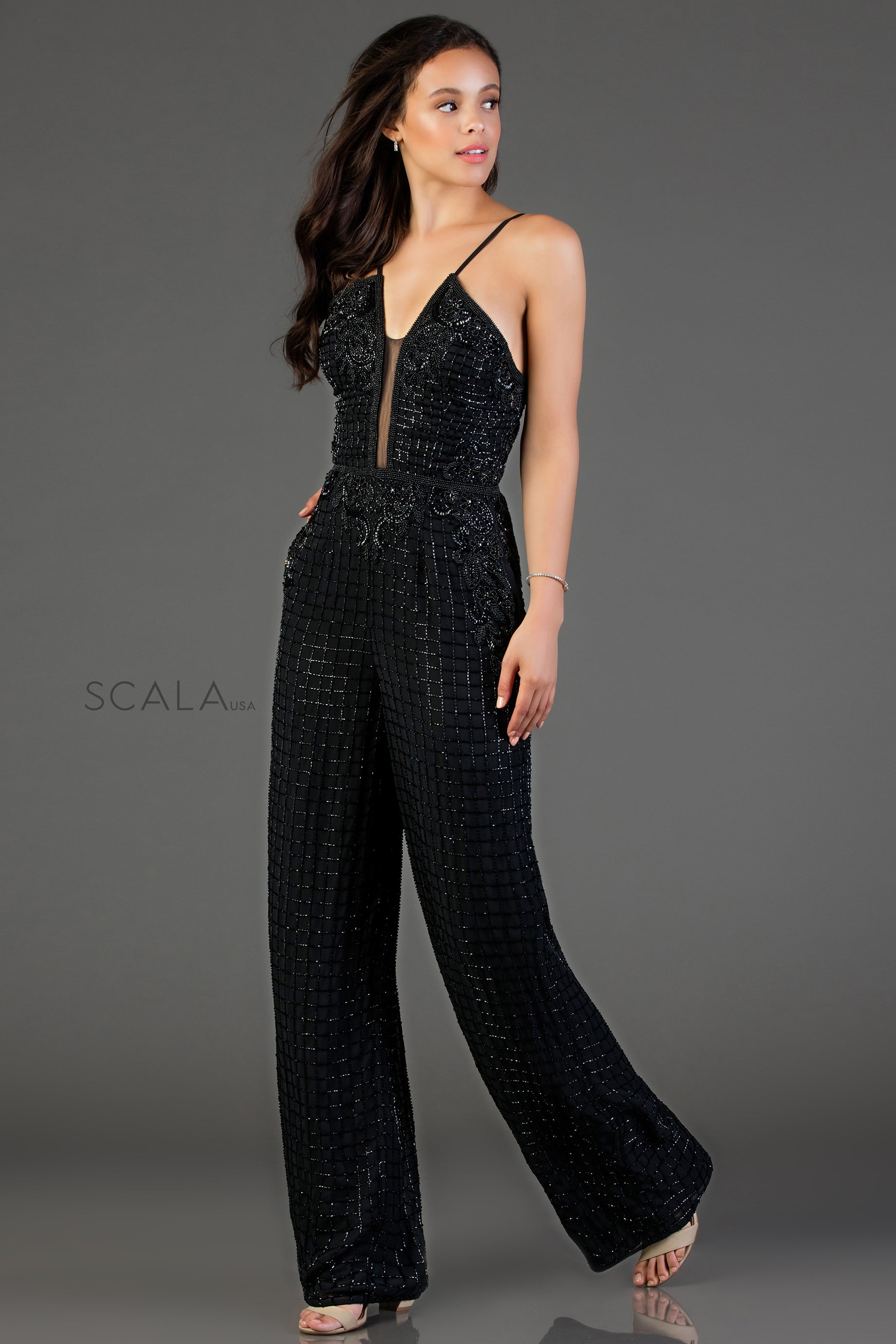 V-Neck Beaded Mesh Jumpsuit by Scala 48995 in Black