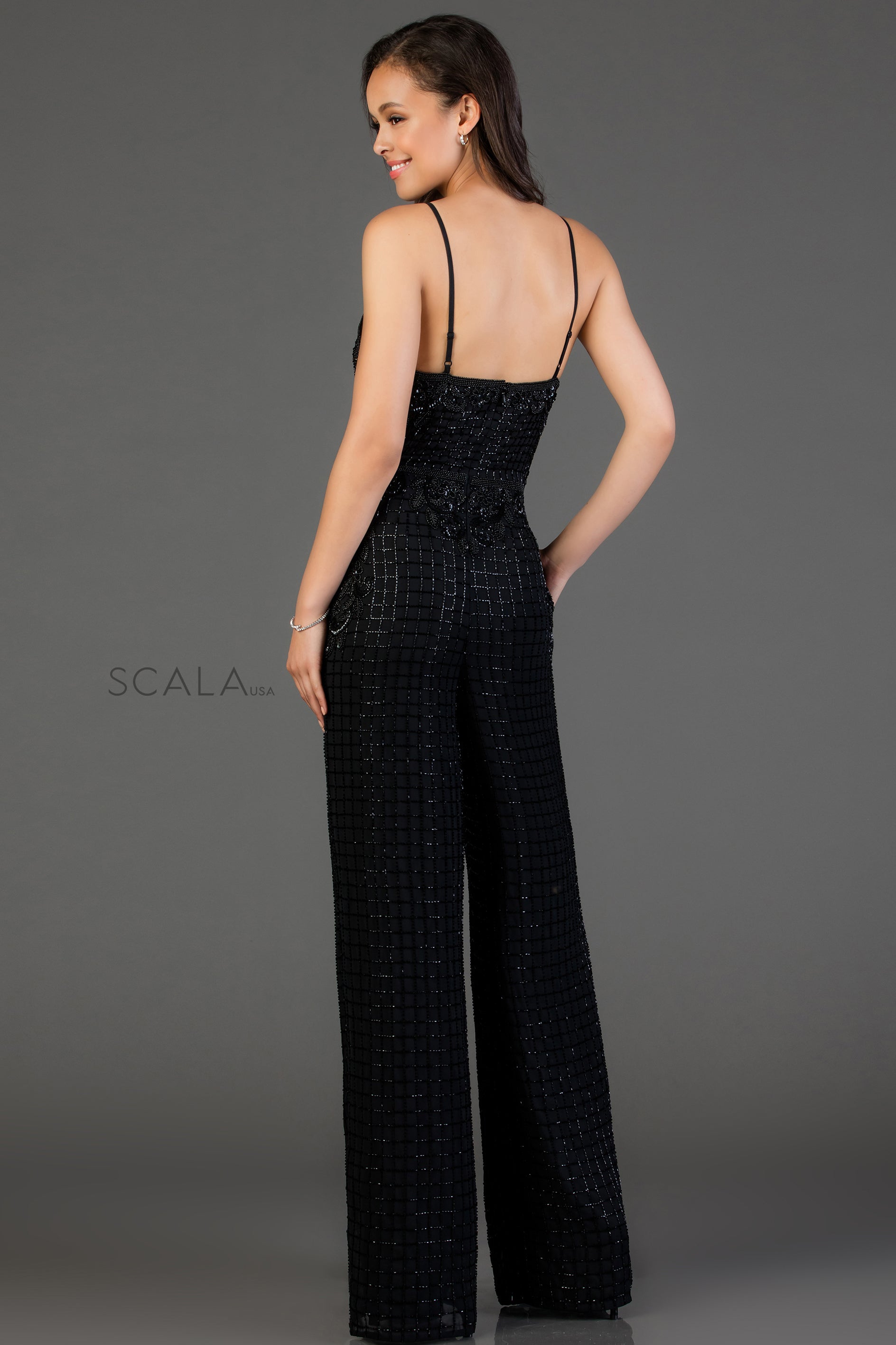 V-Neck Beaded Mesh Jumpsuit by Scala 48995 in Black