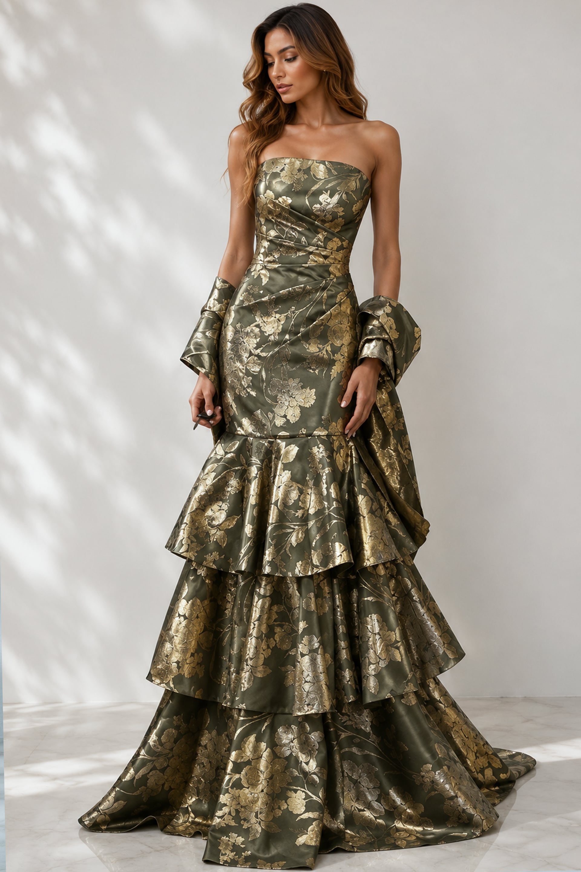 Olive/Gold Strapless Floor-Length Jacquard Formal Dress Tiered Mermaid Gown with Shawl Jovani 49031