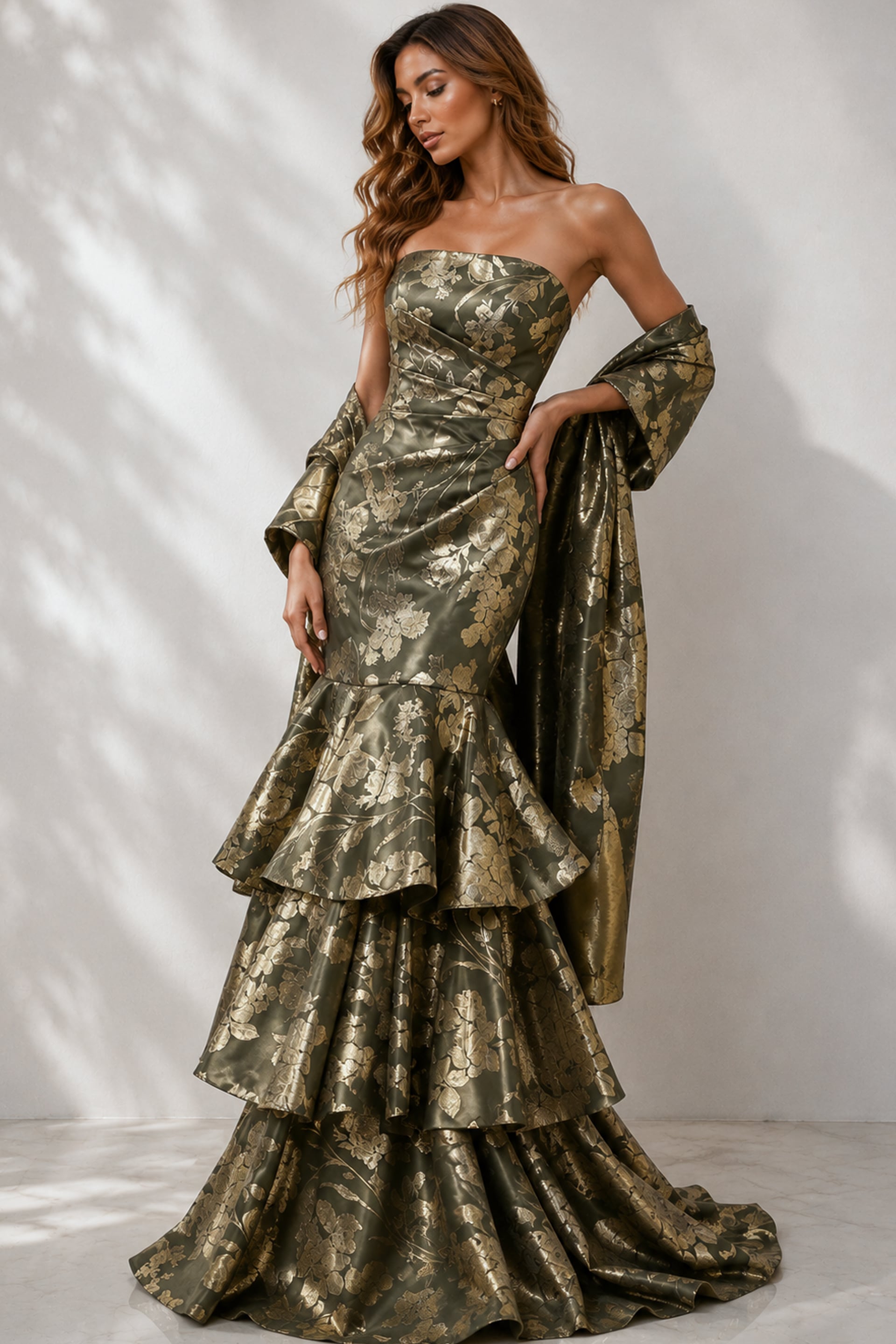 Olive/Gold Strapless Floor-Length Jacquard Formal Dress Tiered Mermaid Gown with Shawl Jovani 49031
