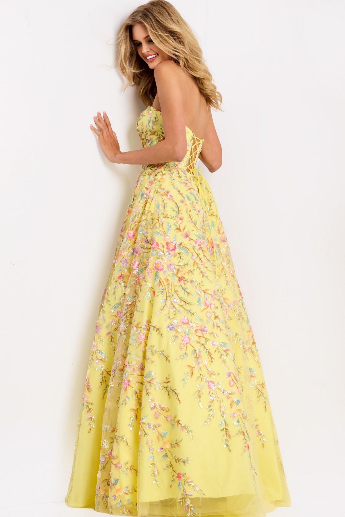 Prom Dresses Ball Gown Long Formal Floral Prom Dress Yellow