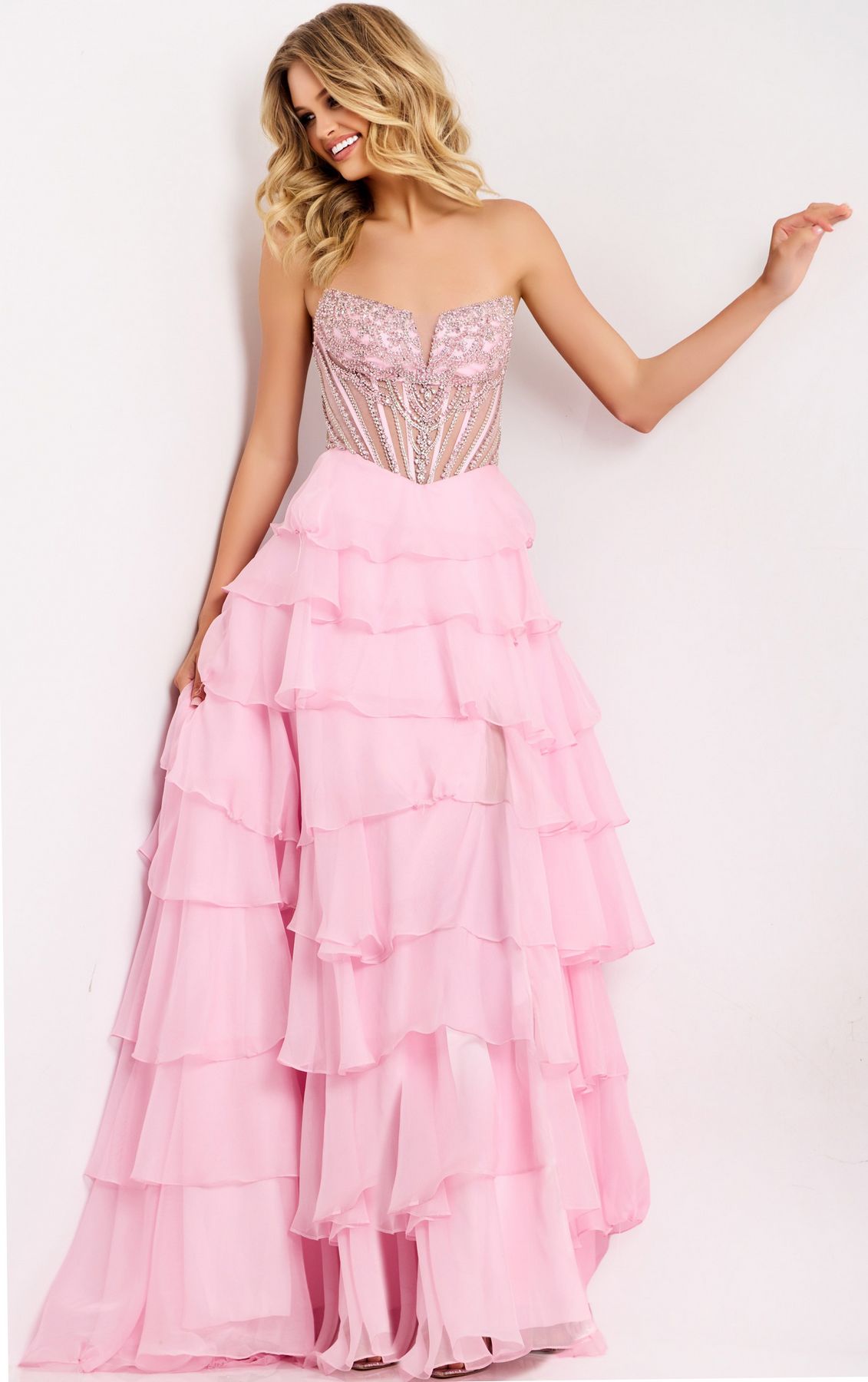 Prom Dresses Beaded Long Formal Ruffle Prom Dress Light-Pink