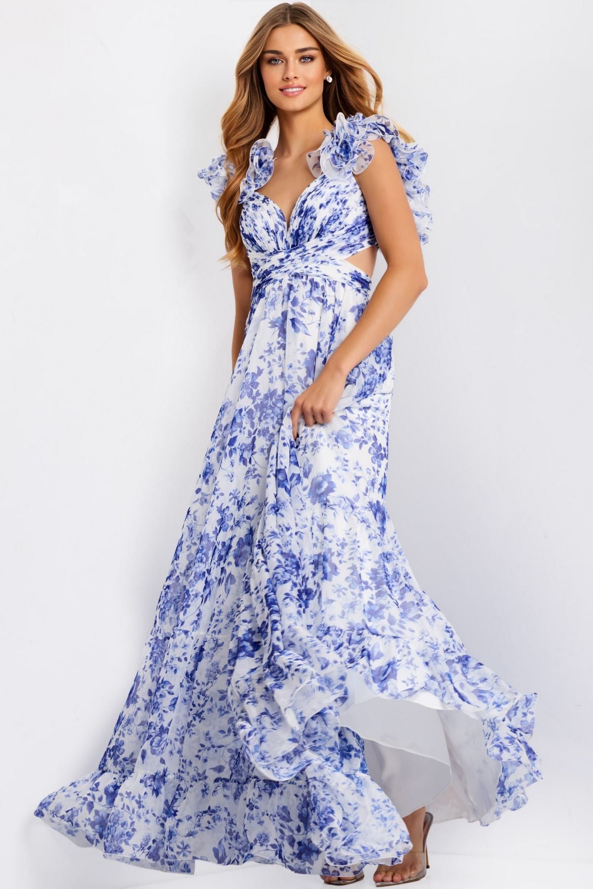 Prom Dresses A Line Long Formal Ruffle Prom Dress White/Blue