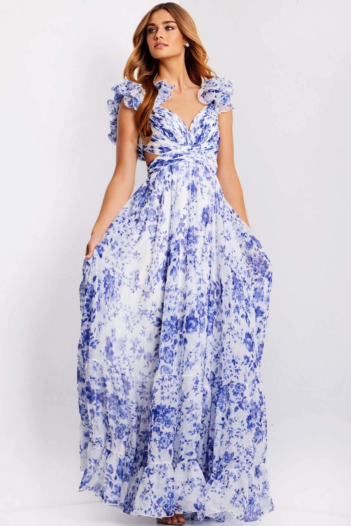 Prom Dresses A Line Long Formal Ruffle Prom Dress White/Blue