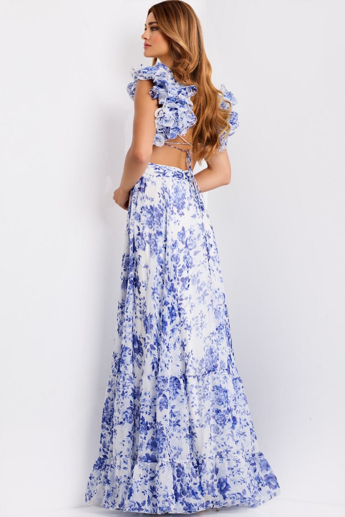 Prom Dresses A Line Long Formal Ruffle Prom Dress White/Blue