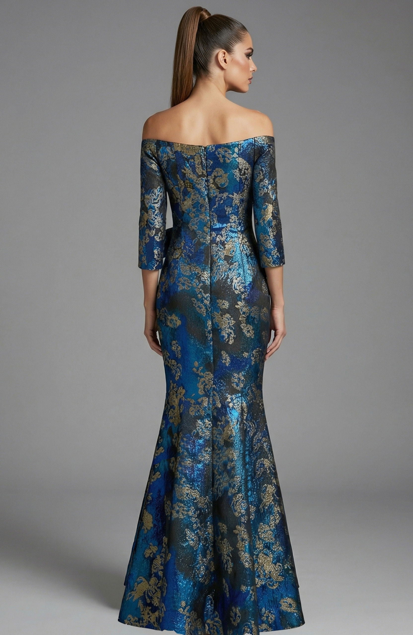 Formal Dresses Floral Metallic Long Mermaid Formal Dress Jovani 49165 Blue