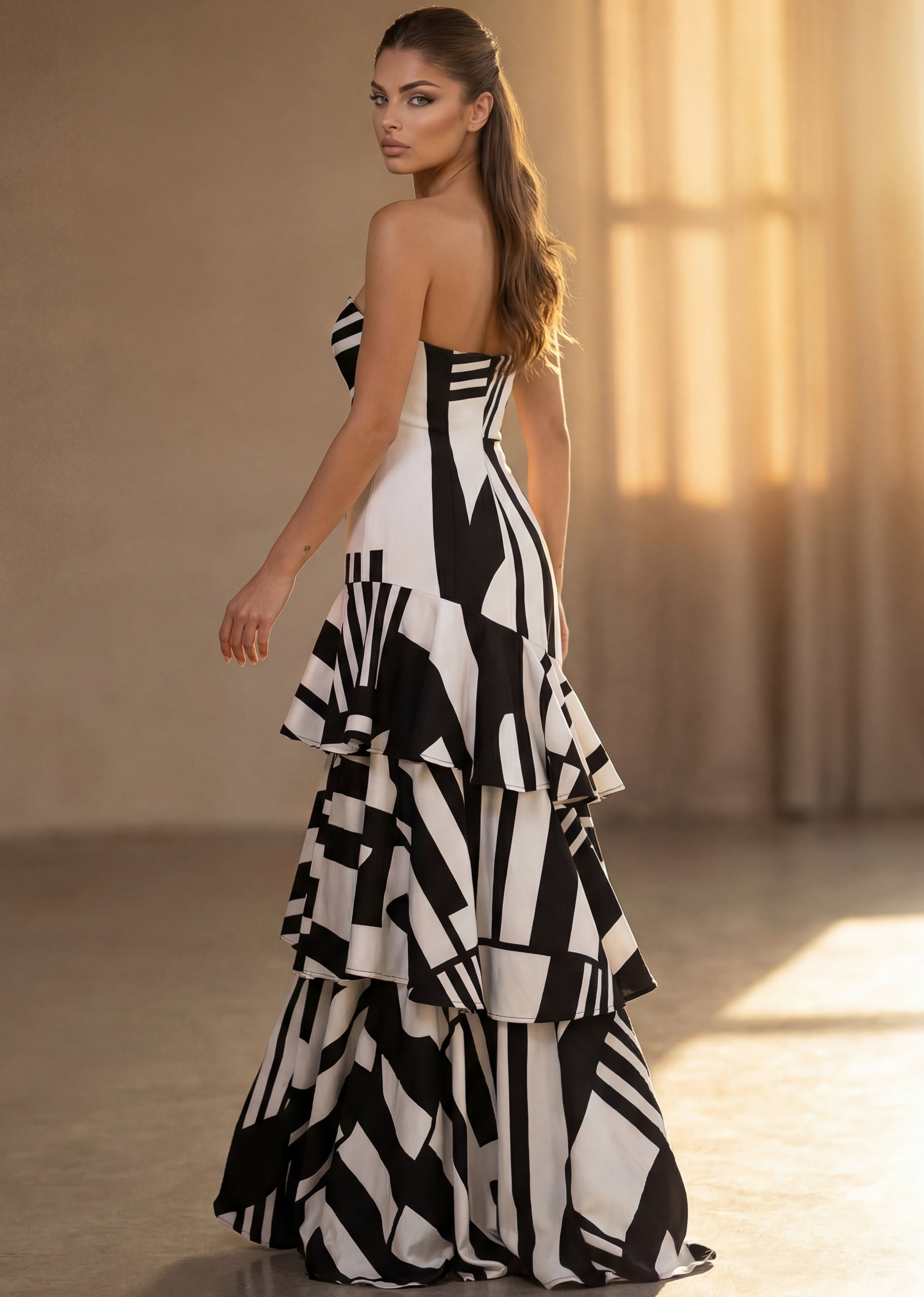 Black/White Strapless Floor-Length Printed Satin Formal Gown with Tiered Ruffle Skirt Jovani 49317