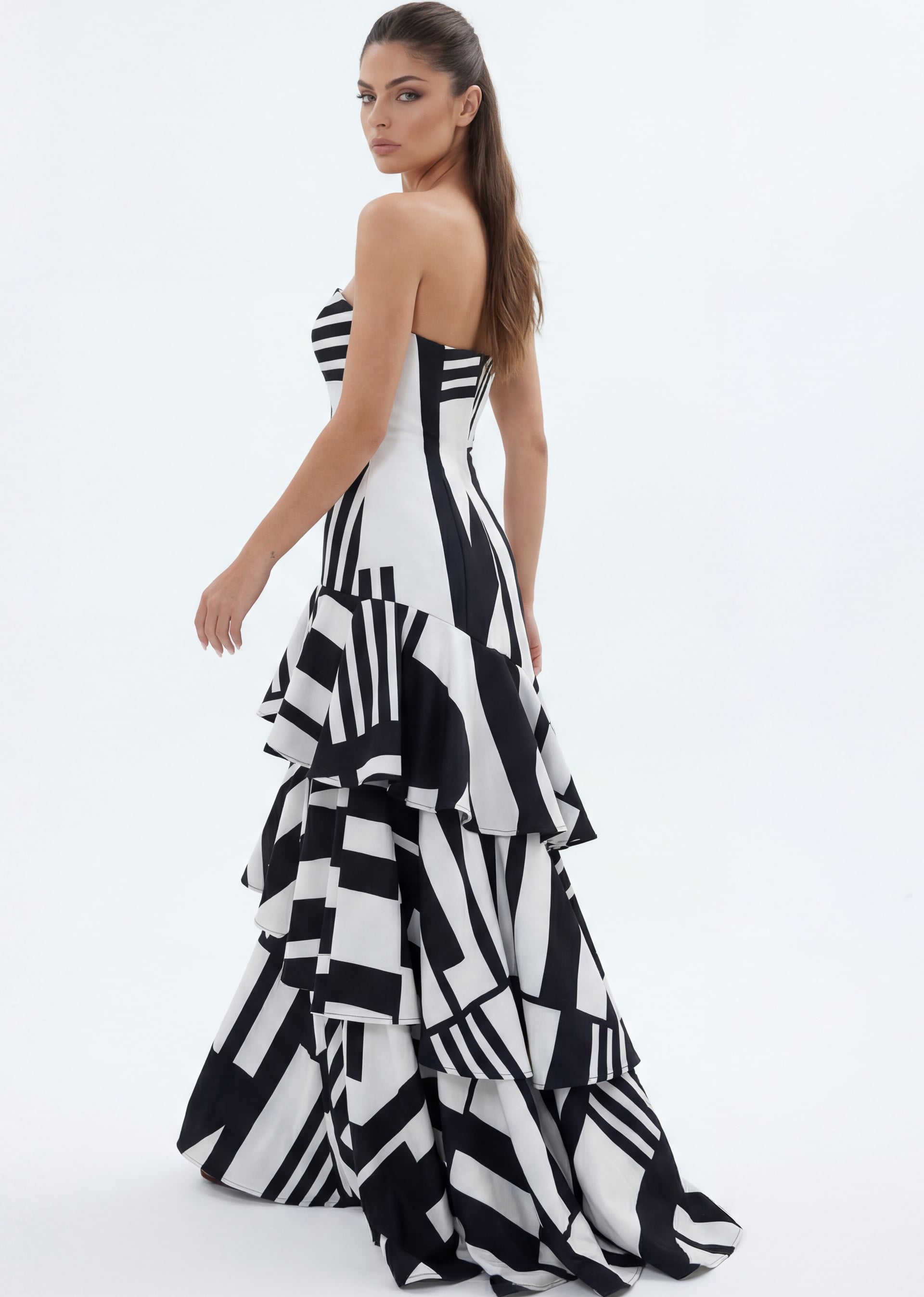 Black/White Strapless Floor-Length Printed Satin Formal Gown with Tiered Ruffle Skirt Jovani 49317