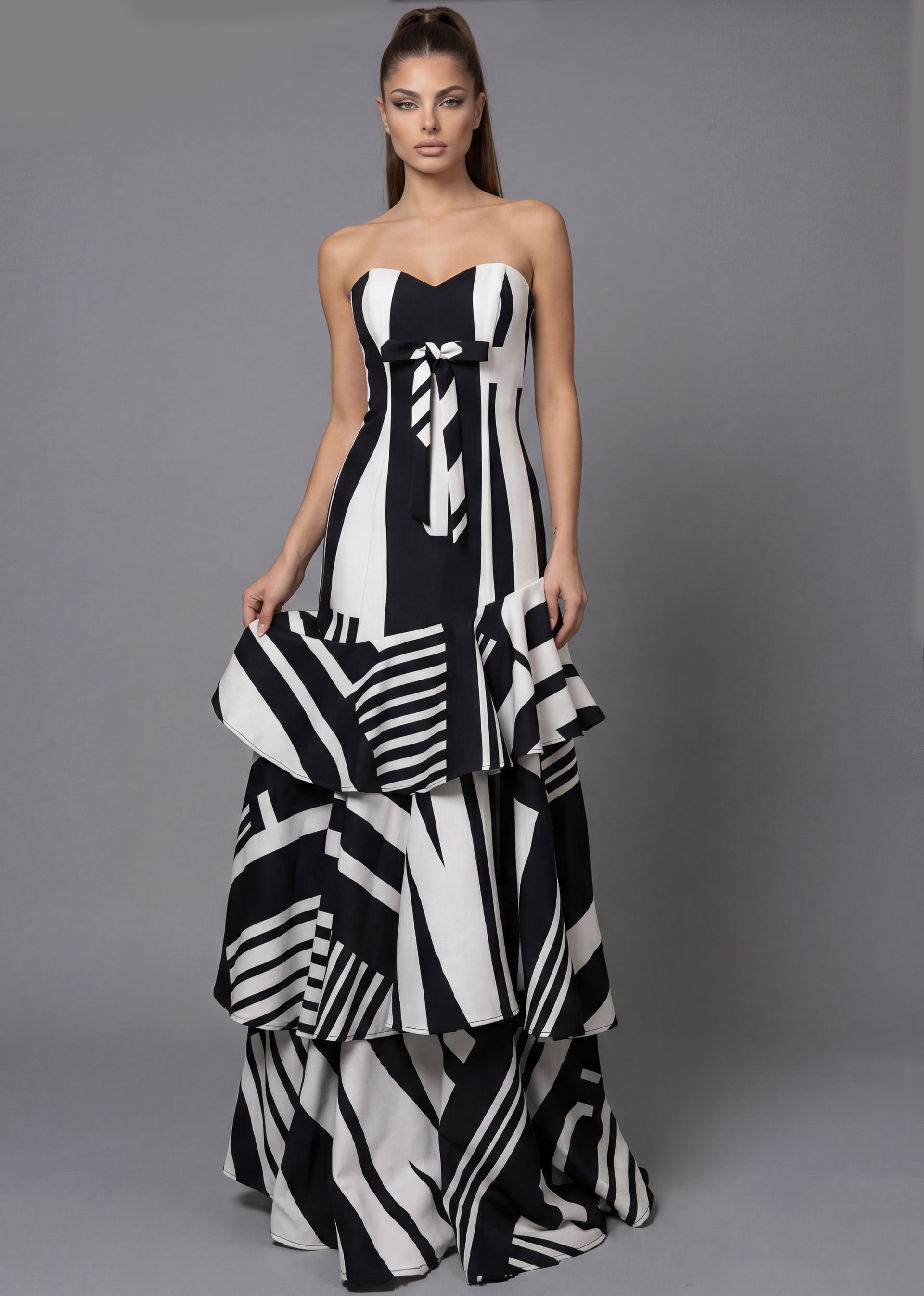 Black/White Strapless Floor-Length Printed Satin Formal Gown with Tiered Ruffle Skirt Jovani 49317