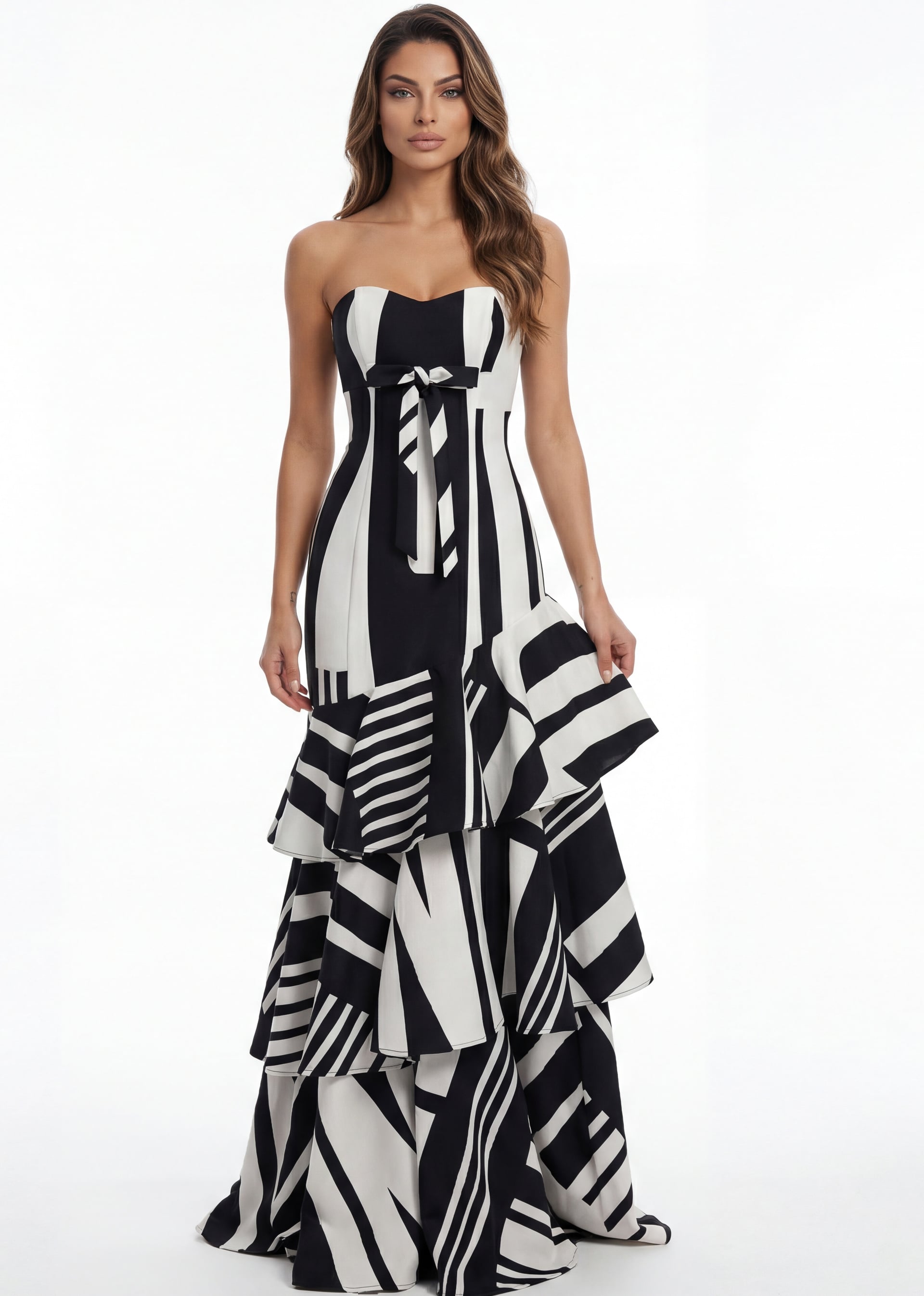 Black/White Strapless Floor-Length Printed Satin Formal Gown with Tiered Ruffle Skirt Jovani 49317