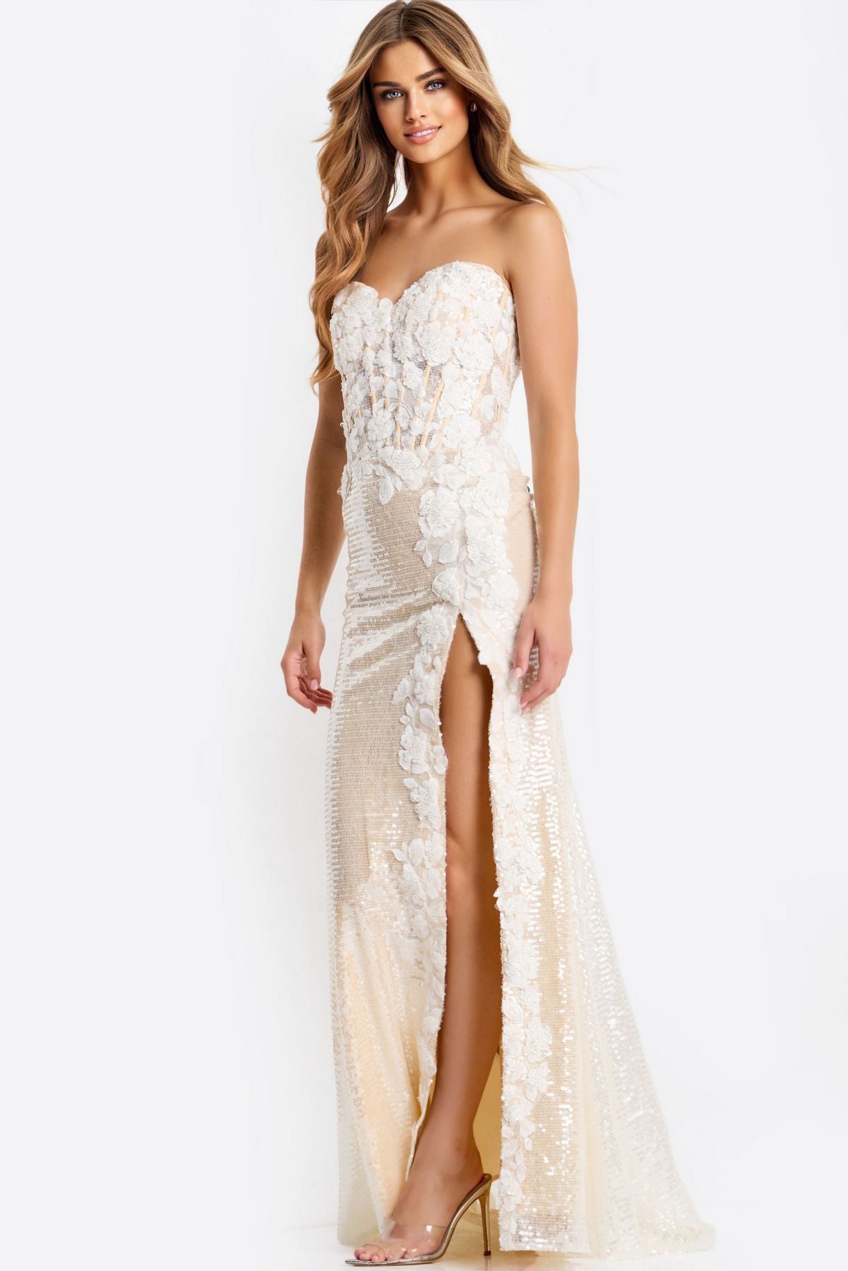 Prom Dresses Long Formal Corset 3D Floral Fitted Prom Dress Off White