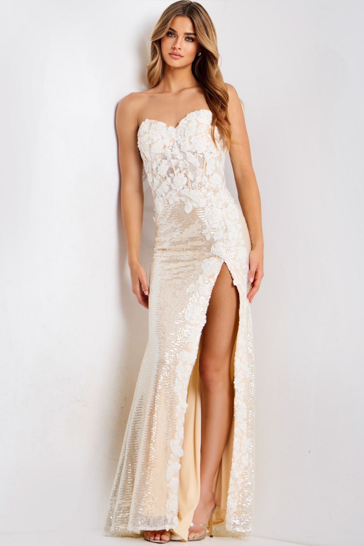 Prom Dresses Long Formal Corset 3D Floral Fitted Prom Dress Off White