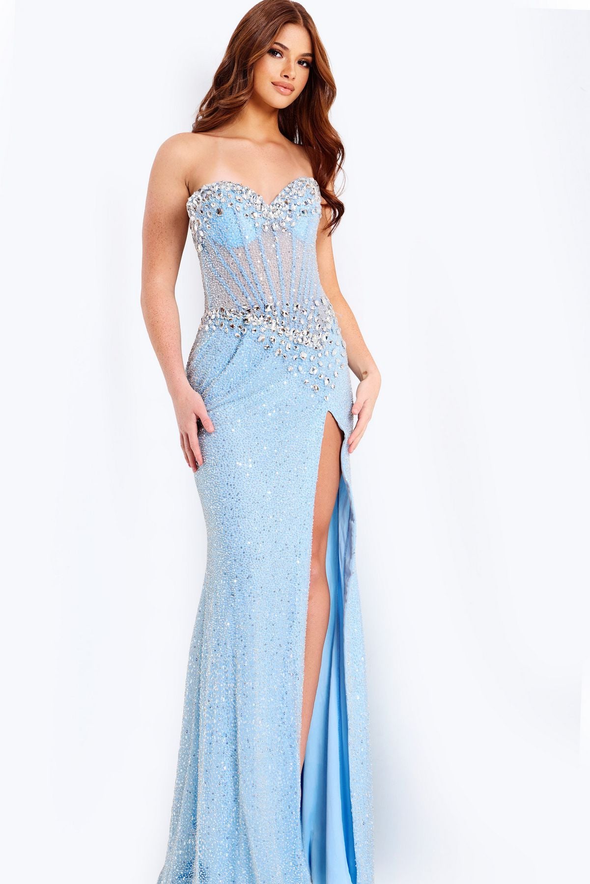 Prom Dresses Corset Long Formal Beaded Fitted Prom Dress Light Blue