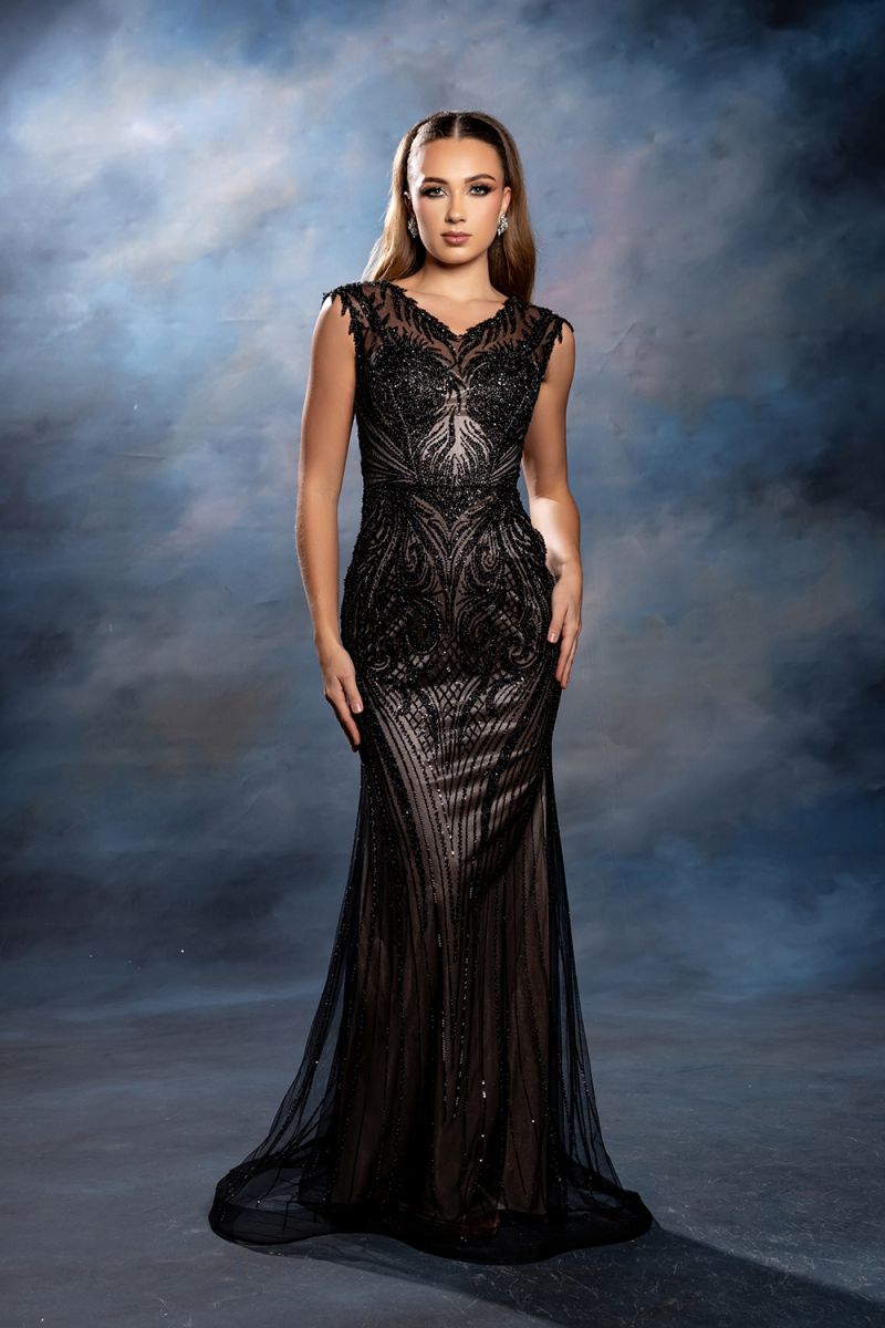 Black/Nude V-Neck Floor-Length Mesh Formal Dress Beaded May Queen RQ8245